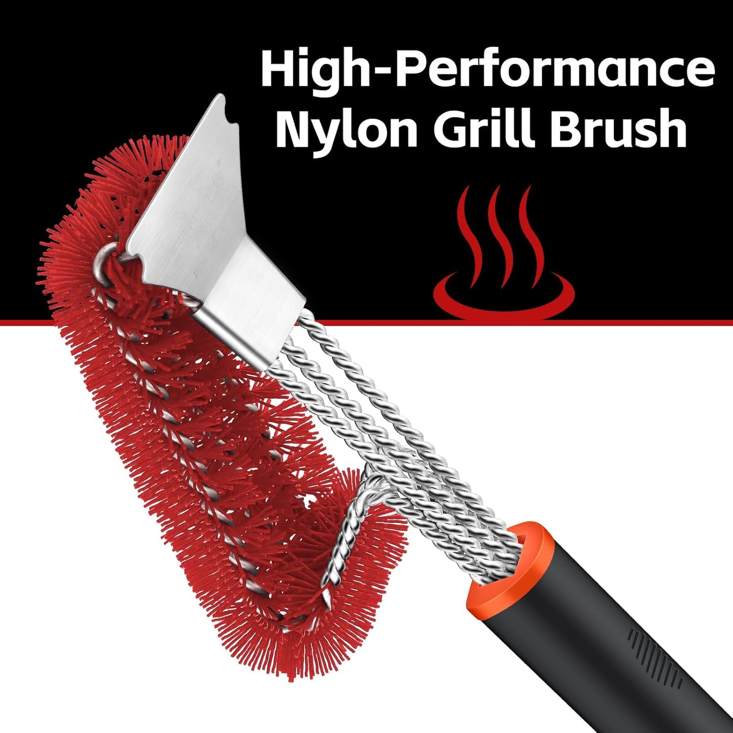 Grill Brush and Scraper, Safe Nylon Bristles Barbecue Triple Scrubbers Cleaning Brush for Cast Iron Grates/Porcelain/Weber Gas/Charcoal Grill，Extra Strong BBQ Cleaner Accessories (Red)