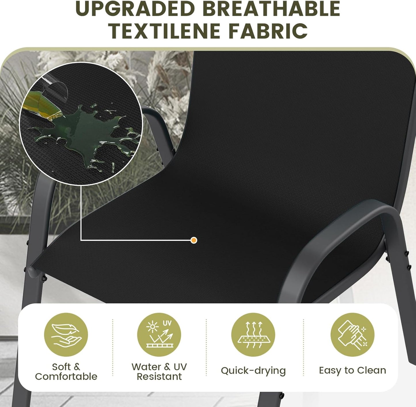 UDPATIO Patio Chairs Set of 4, Stackable Outdoor Dining Chairs with High Back, Breathable Textilene Fabric Outdoor Chair All Weather, 350LBS Capacity for Garden, Backyard (Black)