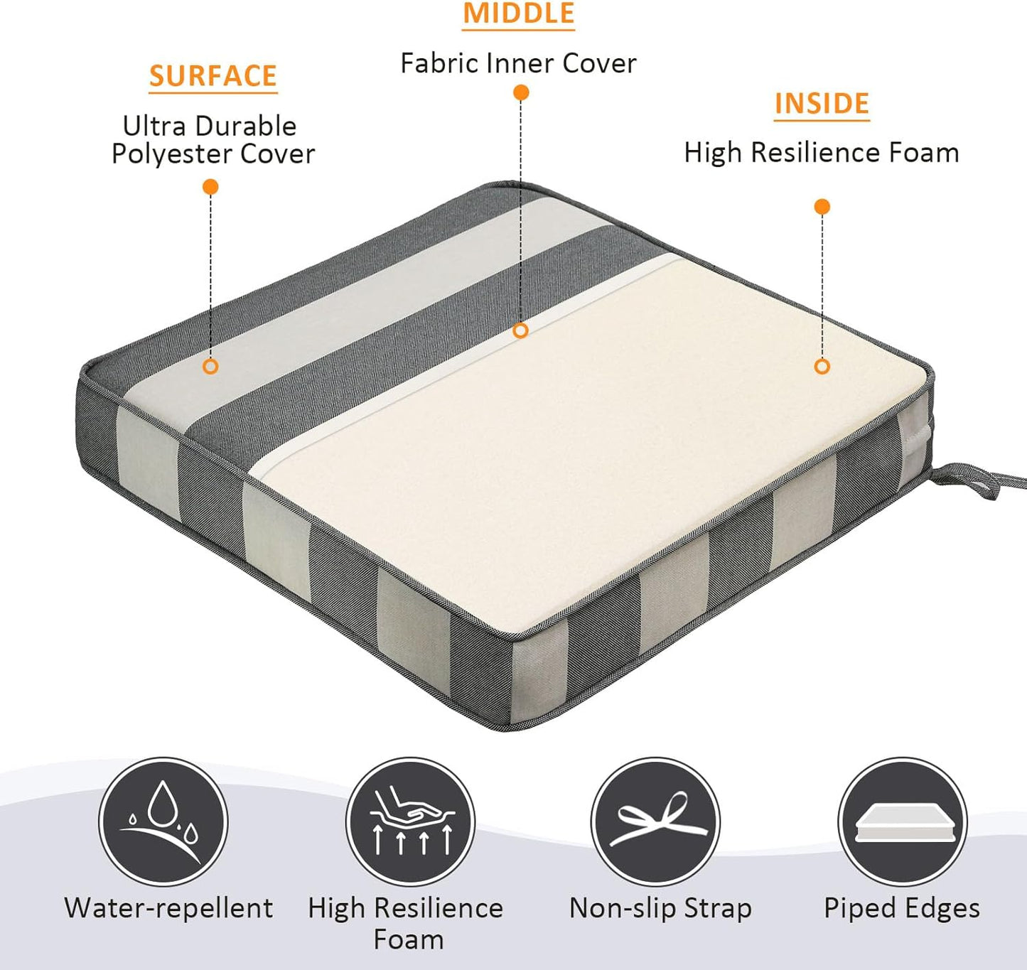 Square Corner Seat Cushions, 19" x 19" x 3", Set of 4, Indoor Outdoor Water Repellent Universal Chair Pads with Ties for Patio Furniture, Garden Deck Dining Chairs, Gray Stripe