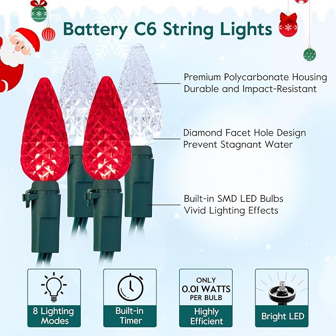 Brightown C6 LED Christmas String Lights - 2 Pack Each 20ft 60LED Battery Operated Strawberry String Lights with Timer and 8 Light Modes for Christmas Trees Wreaths, Indoor Xmas Decor, Red and White