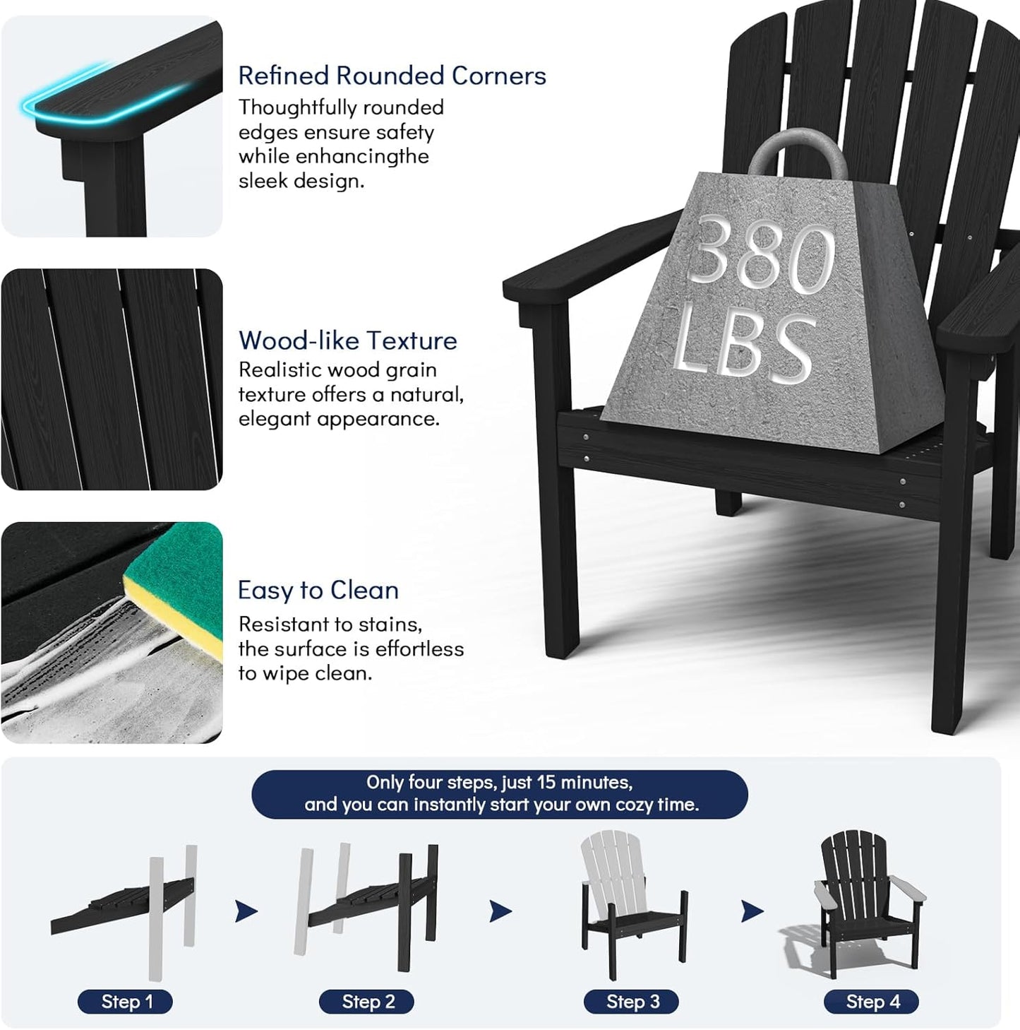 Stackable Adirondack Chair, HDPE Outdoor Patio Chair - Durable and Space Saving, Suitable for Porches, Lawns or Garden, Black