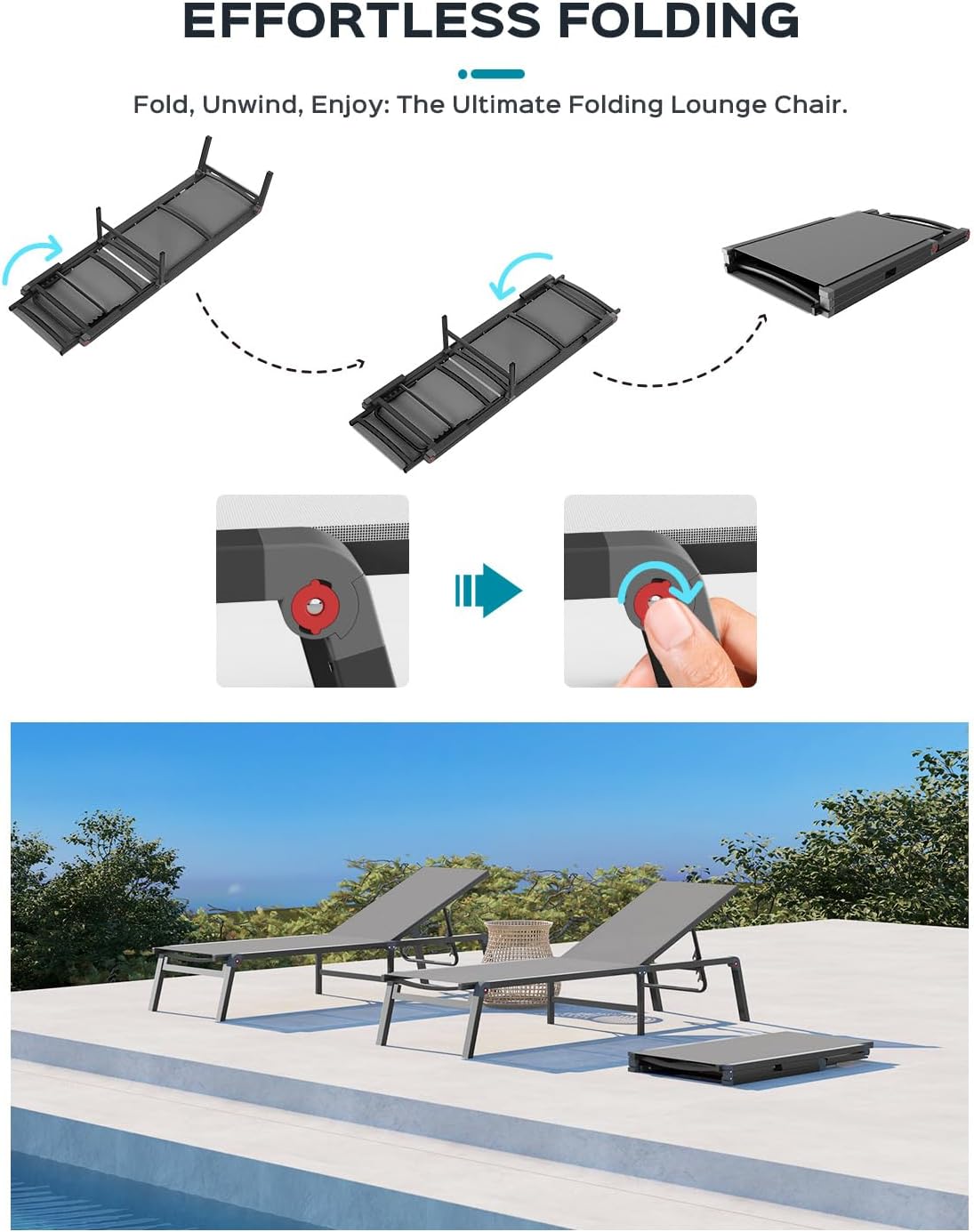 Patio Chaise Lounge Chair, Foldable Lounge Chair for Outside, Aluminum Chairs Set of 2 with 5 Adjustable Backrest, Outdoor Pool Lounger for Poolside, Lawn, Deck, Grey