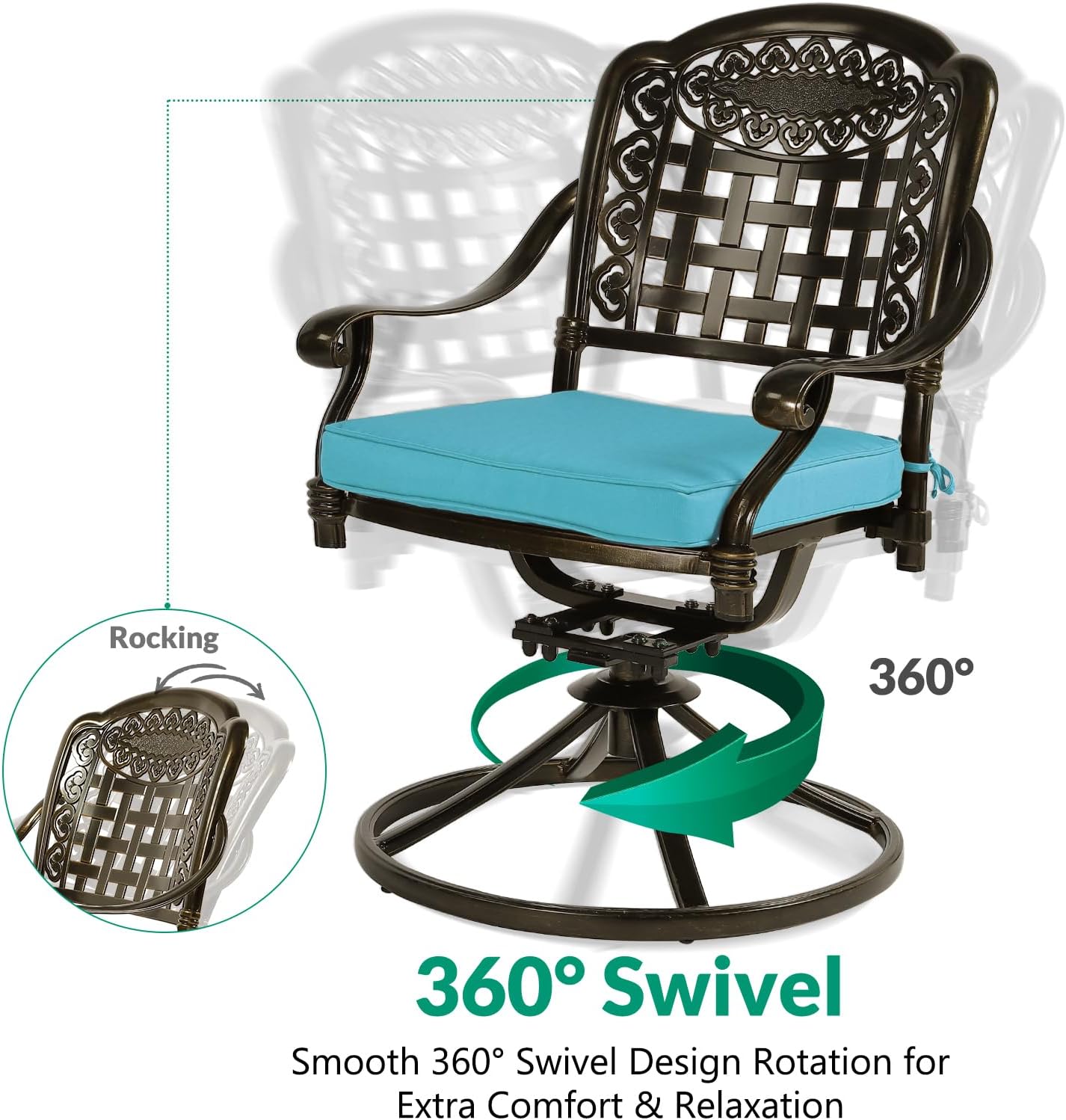 VIVIJASON 3-Piece Patio Bistro Set, Outdoor All-Weather Cast Aluminum Furniture Dining Set, Include 2 Swivel Chairs and 31" Round Table w/Umbrella Hole for Balcony, Lawn, Garden (Ocean Blue Cushion)