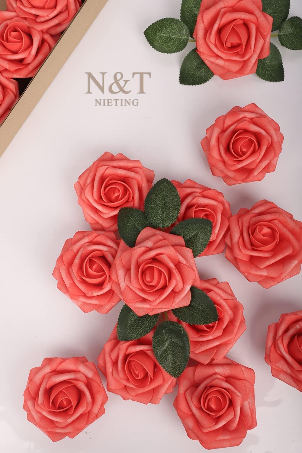 N&T NIETING Artificial Flowers 25pcs Real Looking Coral Foam Fake Roses with Stems for DIY Wedding Bouquets Bridal Shower Centerpieces Floral Arrangements Party Tables Home Decorations