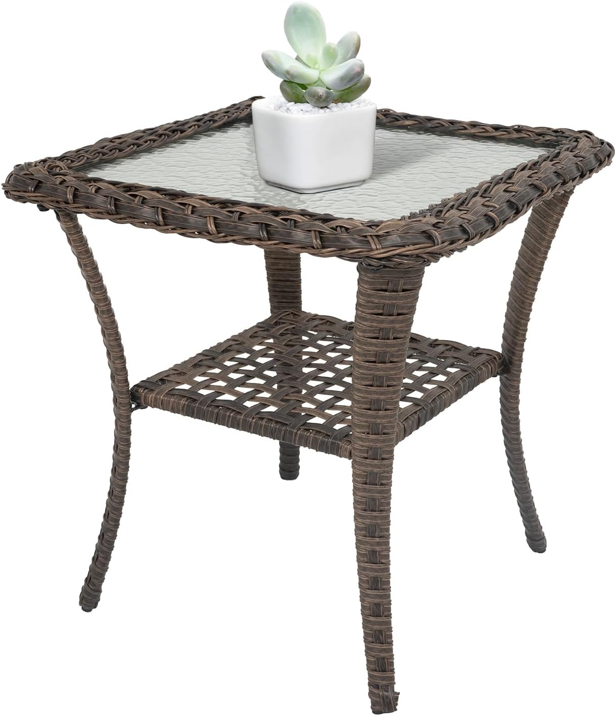 Handwoven Wicker Side Table - 20 Inch Small Outdoor Table 2 Tier Storage with Tempered Glass Top, All Weather Outdoor Patio End Tables for Deck Balcony Outside Brown