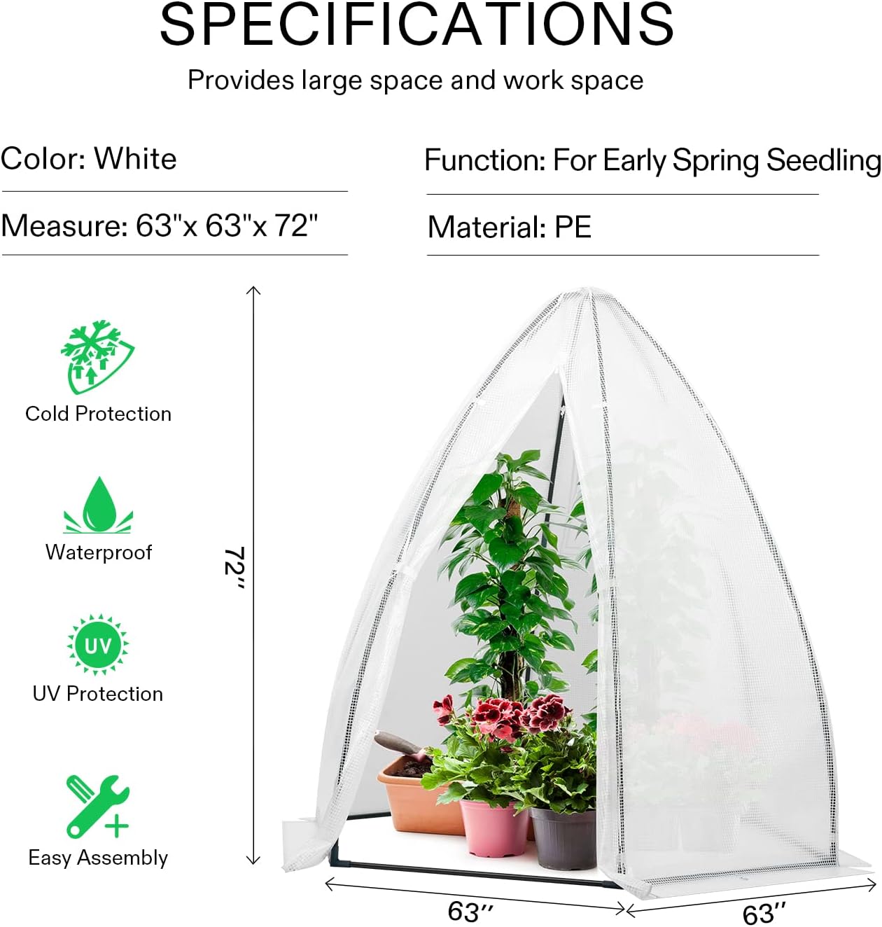 VIVOSUN Portable Mini Greenhouse 72x63x63-Inch Tent-Style Greenhouse, PE Cover with Roll-up Zipper Door and Window, for Indoor Outdoor or Garden Plant Growing, White
