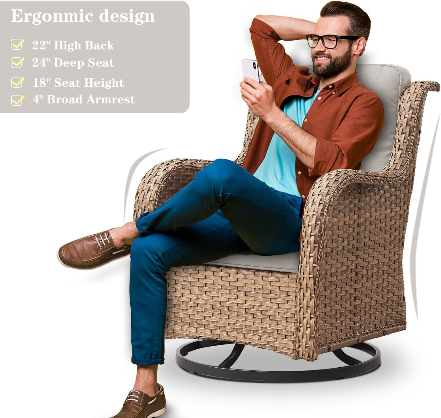 Outdoor Swivel Rocker Patio Chairs - 360 Degree Swivel Glider Seating 350LBS Weight Capacity Wicker Rocking Chairs Set of 2 with Removable Cushion for Porch Balcony Deck, Yellow/Beige