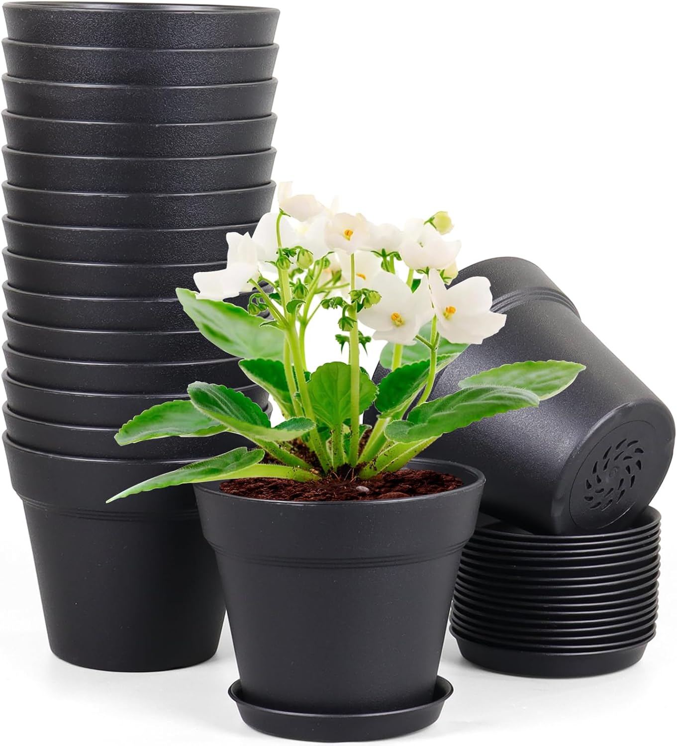 4 inch Small Plastic Nursery Pots, Seedling Pots - 16 Pack Plant Pots for Indoor & Outdoor Plants, Decorative Flower Pots with Drainage Holes and Saucers, Black