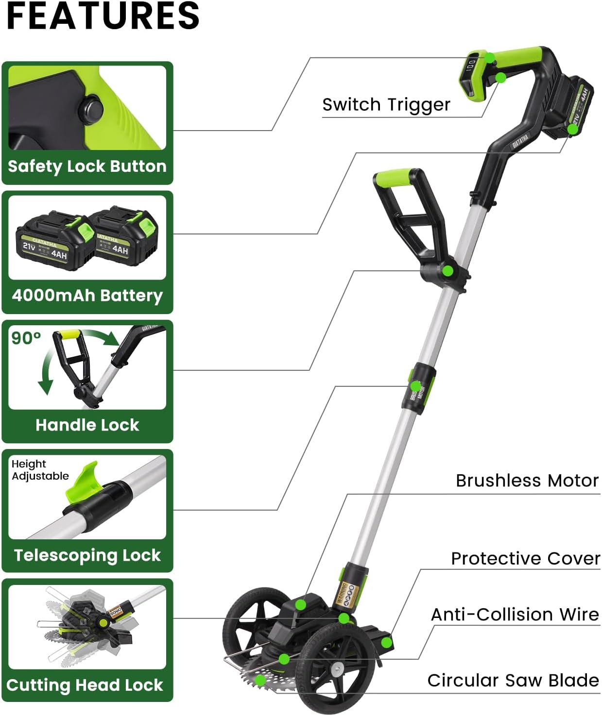 Electric Weed Wacker Cordless with Wheel, Brushless Grass Trimmer with 2 21V 4.0Ah Battery and Fast Charger, 3 Types of Blades String Trimmer, Weed Eater Battery Powered, Grass Cutter Machine