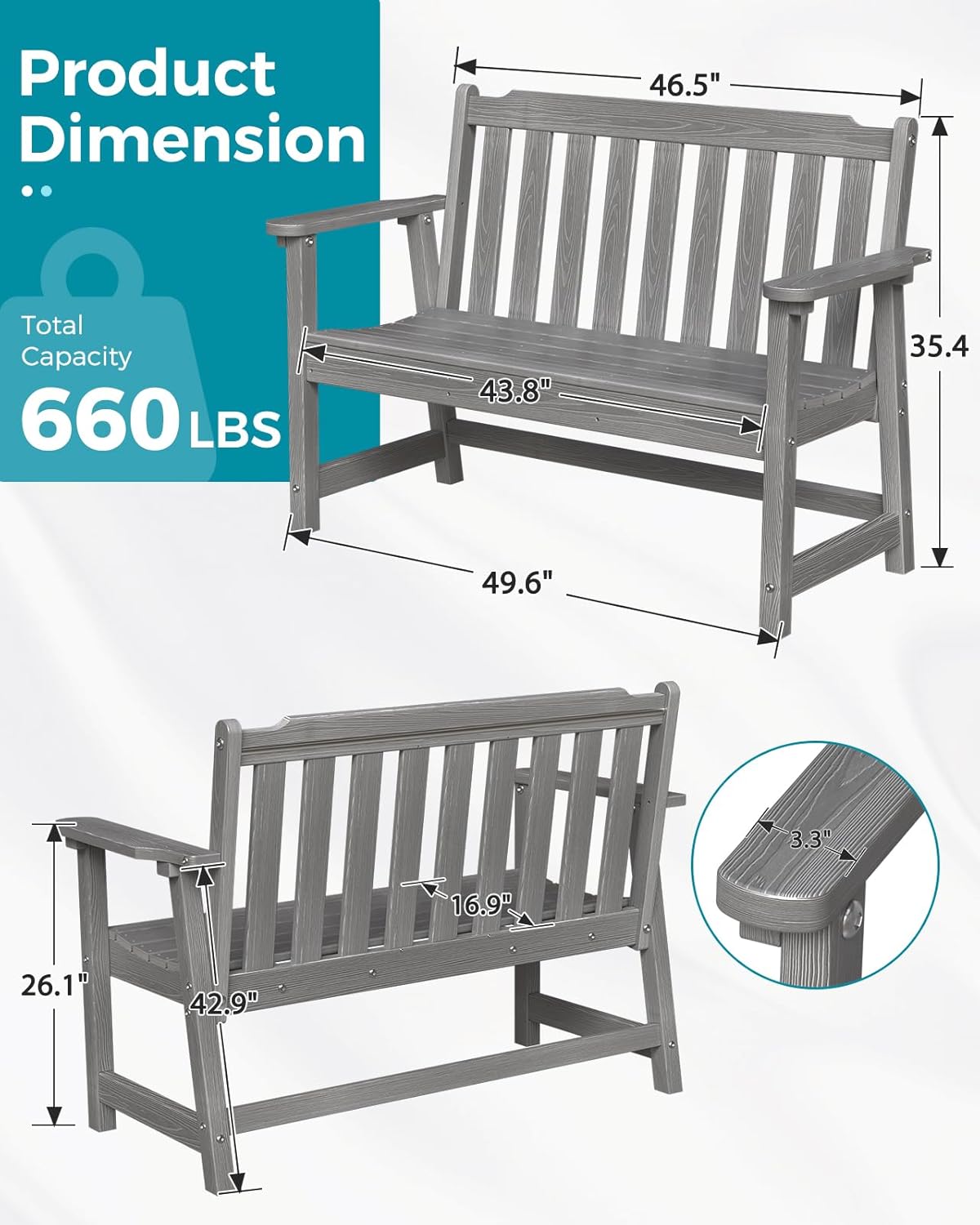 Outdoor Bench, 2-Person HDPE Garden Bench, All Weather Poly Patio Bench for Outdoors, Garden, Backyard, Porch and Park, 660 lbs Weight Capacity, Grey, 2 Pack