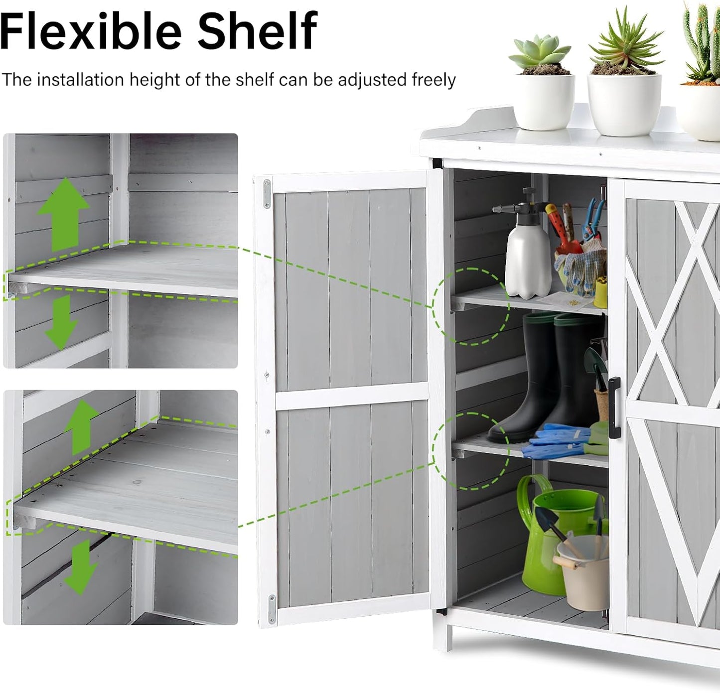 Outdoor Cabinet with Metal Tabletop Garden Potting Bench Table - Outdoor Garden Patio Wooden Storage Cabinet with Adjustable Shelf, Wooden Storage Cabinets, Weatherproof for Garden Patio Lawn