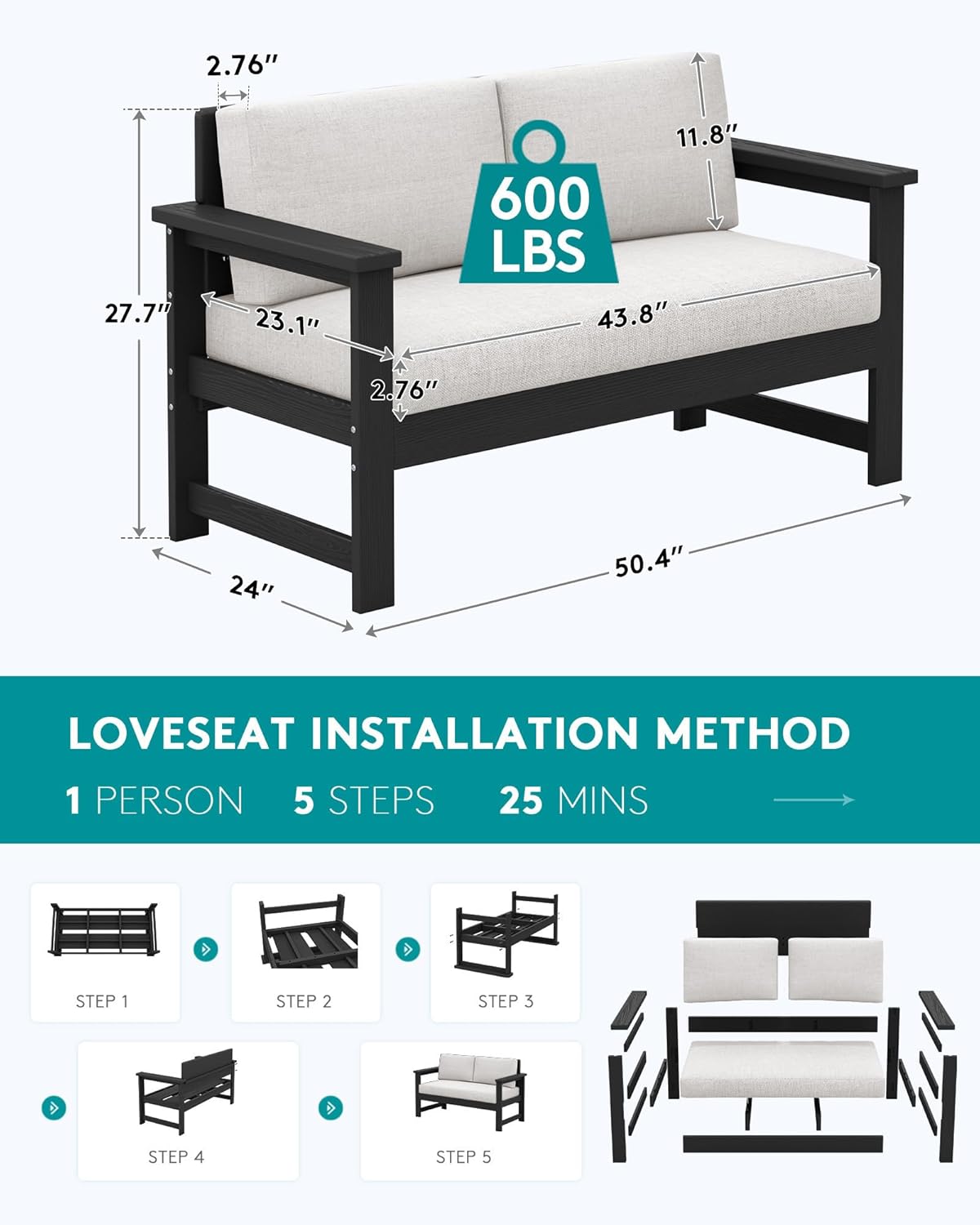 SERWALL Black HDPE Outdoor Loveseat with Khaki Cushions, All Weather Use Outdoor Loveseat Sofa, Black Frame with Khaki Cushions