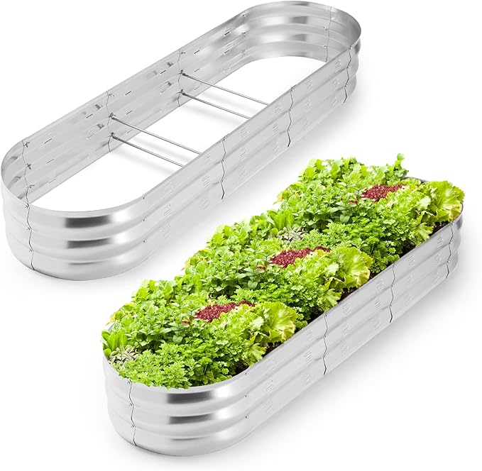 POTEY Galvanized Raised Garden Bed 2Pcs, Metal Planter Boxes Outdoor for Vegetables Flowers Herb, Oval Large Planter Raised Beds Kit with Weed Barrier Fabric and Soil Ventilation Holes (5.7L*1.7W FT)