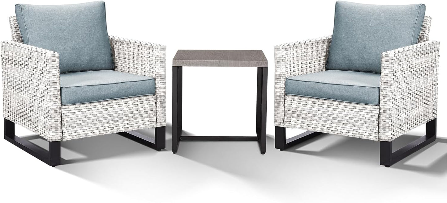 HUMMUH 3-Piece Outdoor PE Wicker Patio Chairs with Metal Frame, Porch Chairs with 4 inch Seat Cushions - Light Blue