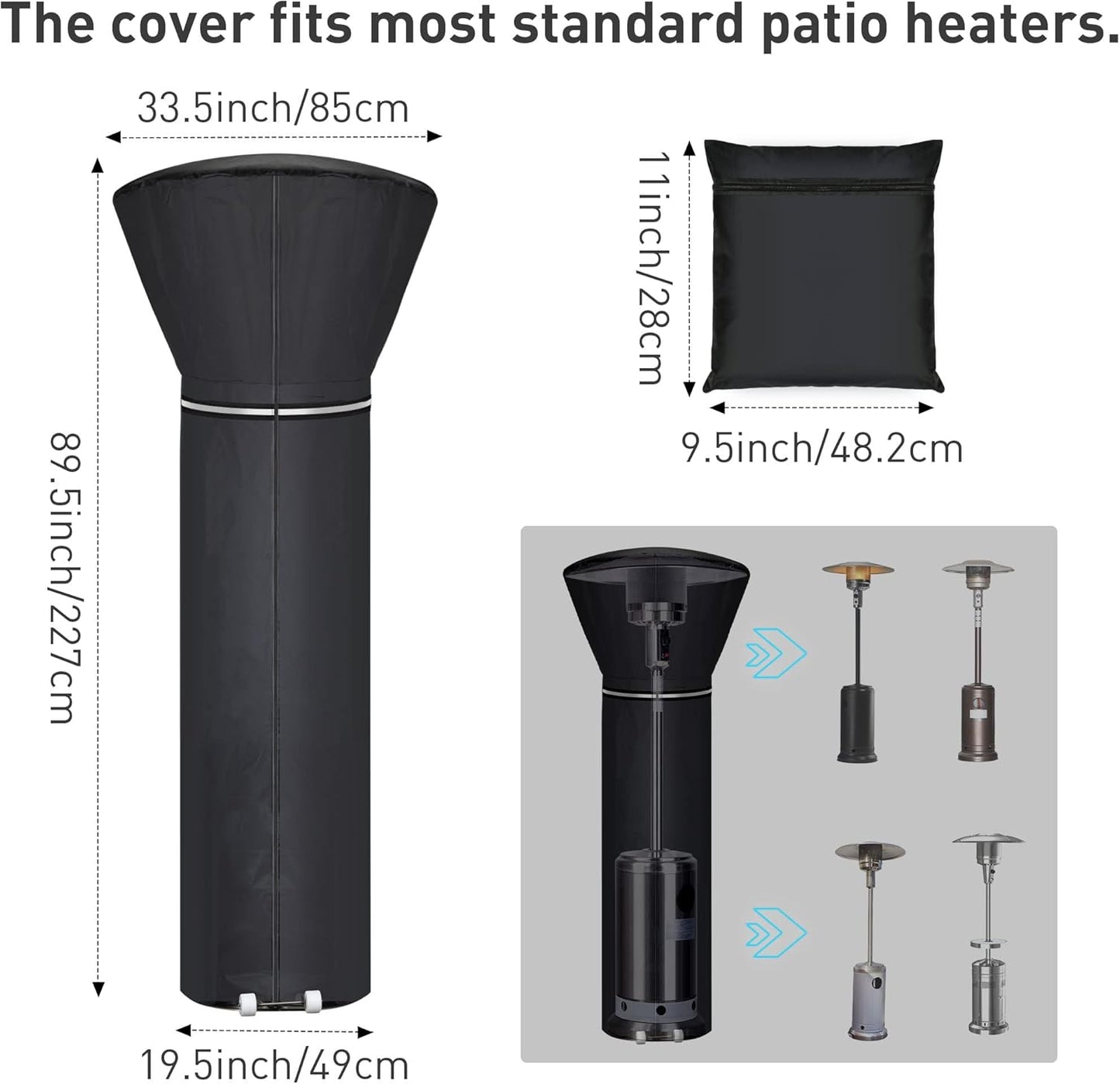 Patio Heater Covers with Reflective Strip,Outdoor Heater Cover Waterproof,Dustproof,Wind-Resistant,Sunlight-Resistant,Snow-Resistant,Black,89.5''x 33.5" Dome x 19.5" Base