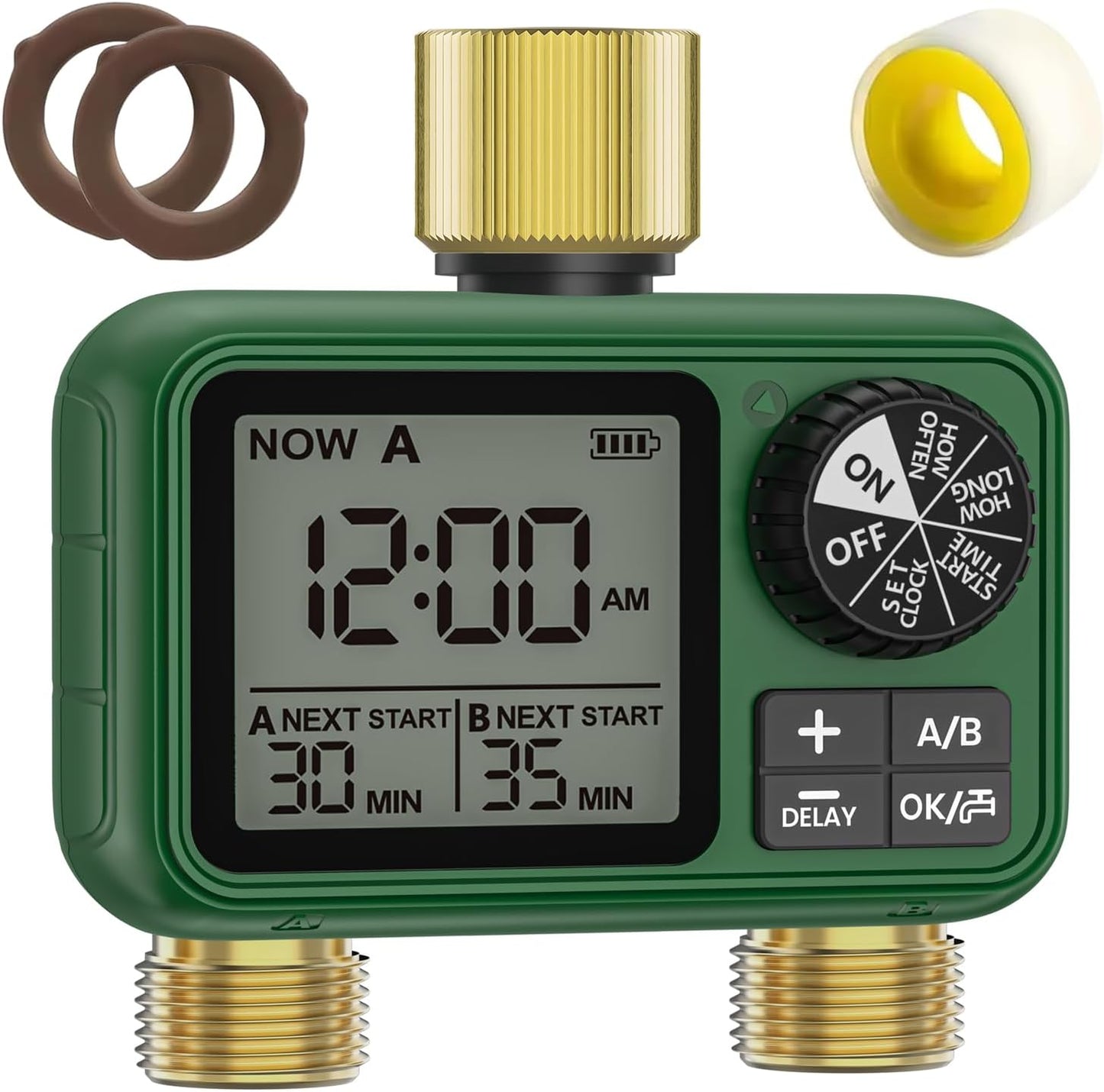 2 Outlet Sprinkler Timer Brass, XinFuture Programmable Water Sprinkler Controller for Yard, Lawn & Greenhouse, Automatic/Manual/Rain Delay Mode, Compatible with Drip Irrigation Systems