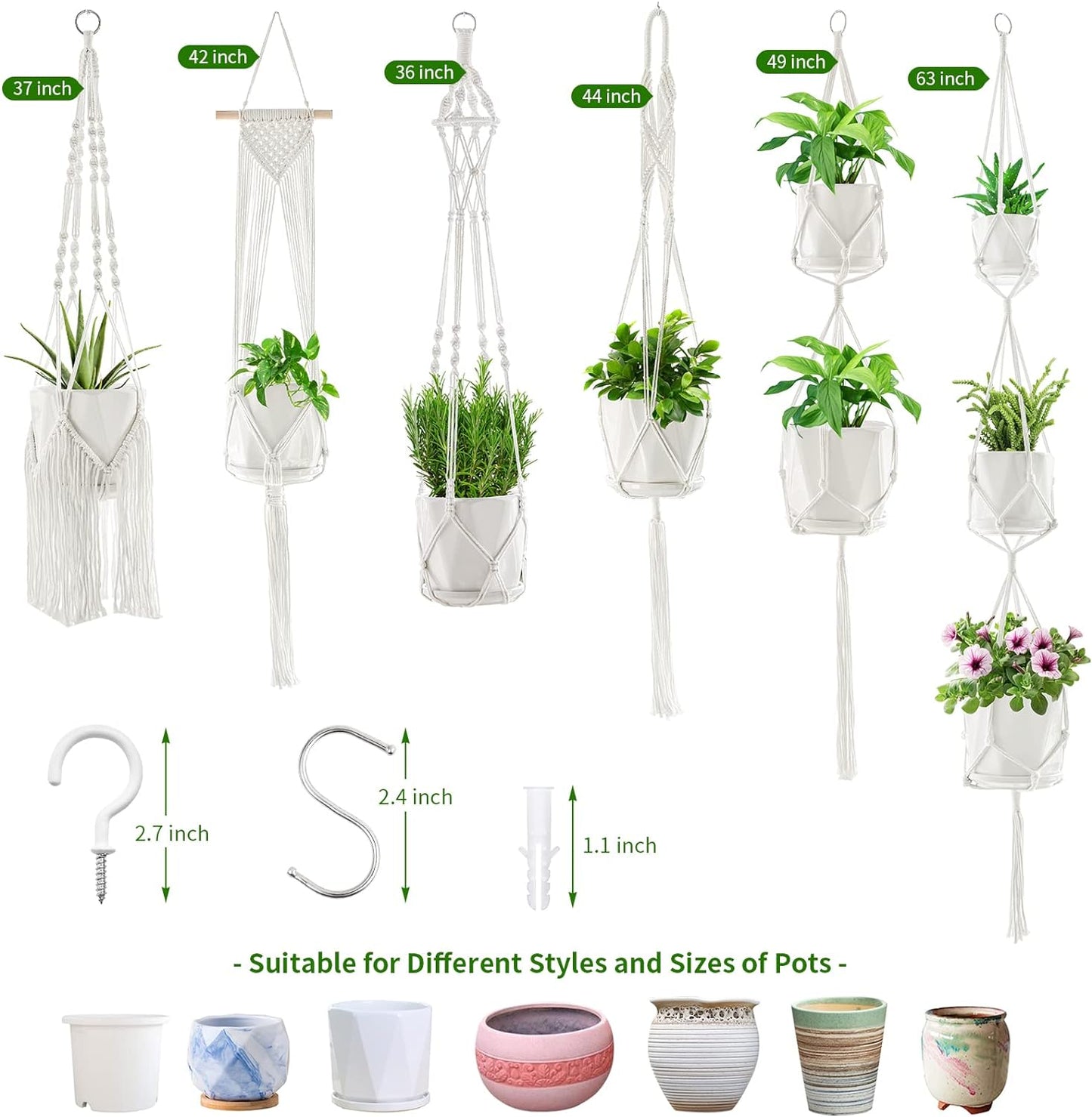 Macrame Plant Hangers, 6Pack Hanging Planters for Indoor Plants w/ 6 Set Hangers Kit Handmade Macromay Plant Hangers Indoor Flower Pots Holder Stand for Boho Home Décor (POTS NOT Included)