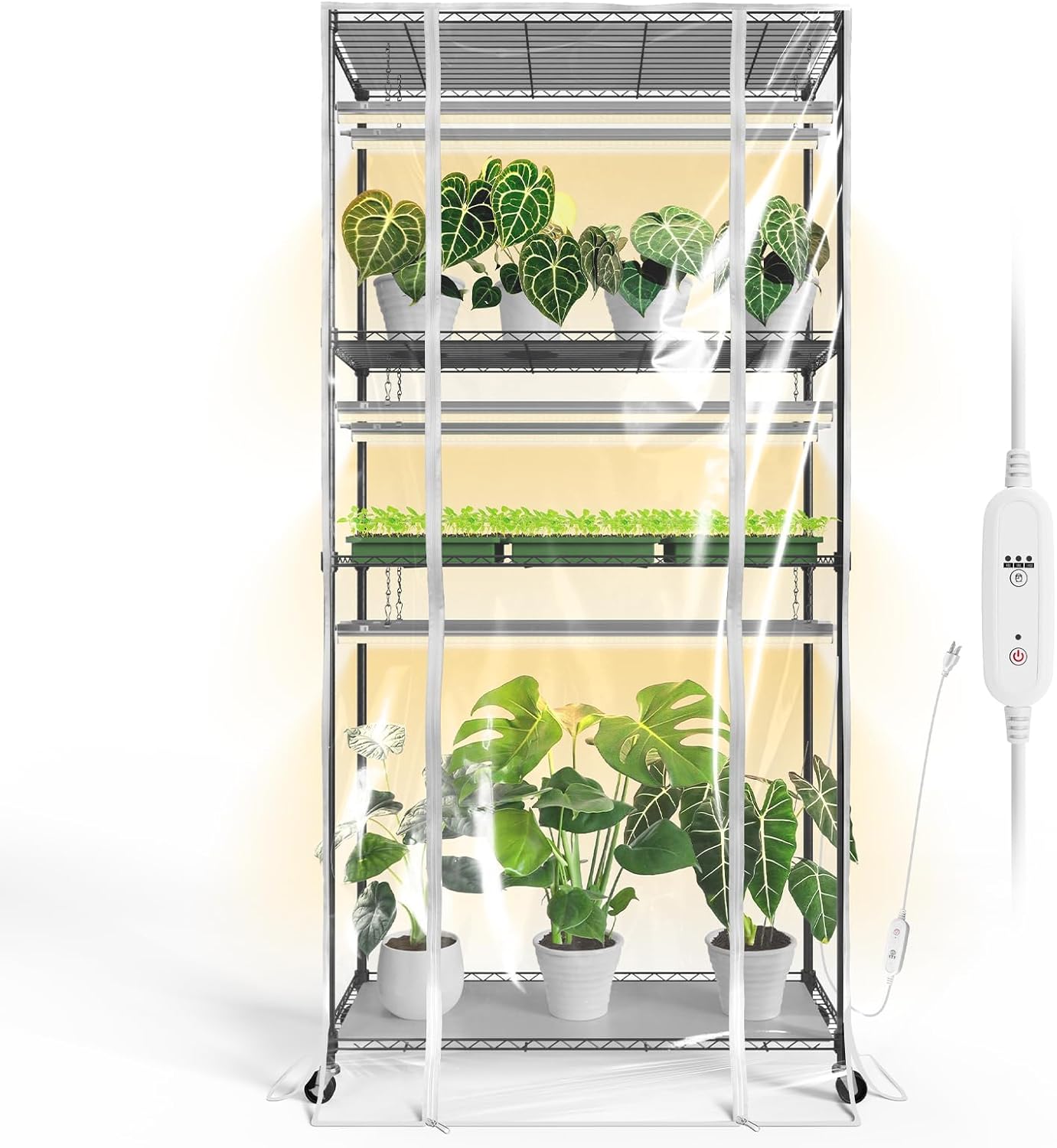 Indoor Greenhouse with Grow Light, Tall Green house with 6 Pack T5 Full Spectrum Plant Lights with Timer, Plant Shelf with Tent for Indoor Plant, Seed Starting, Seed Tray, 35.4"x13.8"x70.8"
