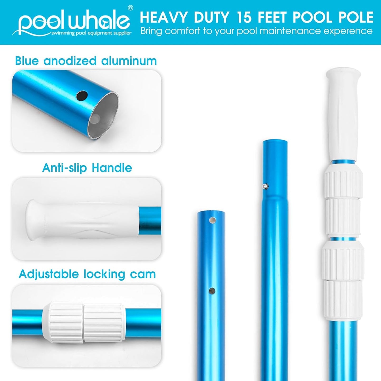 POOLWHALE Premium 15 Foot Telescopic Swimming Pool Pole, Adjustable 3 Piece Extendable Pool Cleaning Pole, Blue Anodized Aluminum - for Skimmer Nets, Vacuum Heads and Brushes