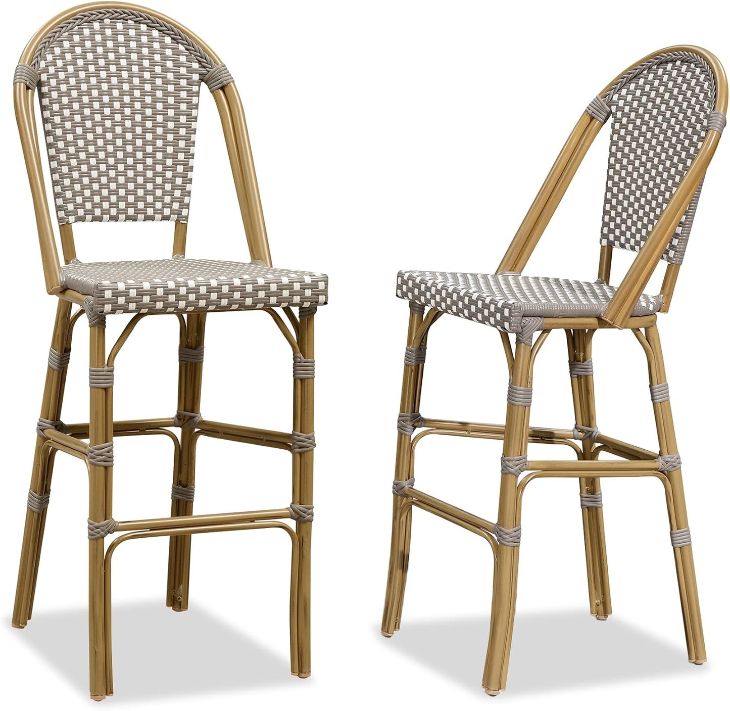 PURPLE LEAF French Bar Stool Set of 2 Bamboo Print Finish Patio Bar Stools with Back Rattan Chairs Wicker Bar Height Stool 30" with Footrest Kitchen Island Stools Outdoor Barstool Grey