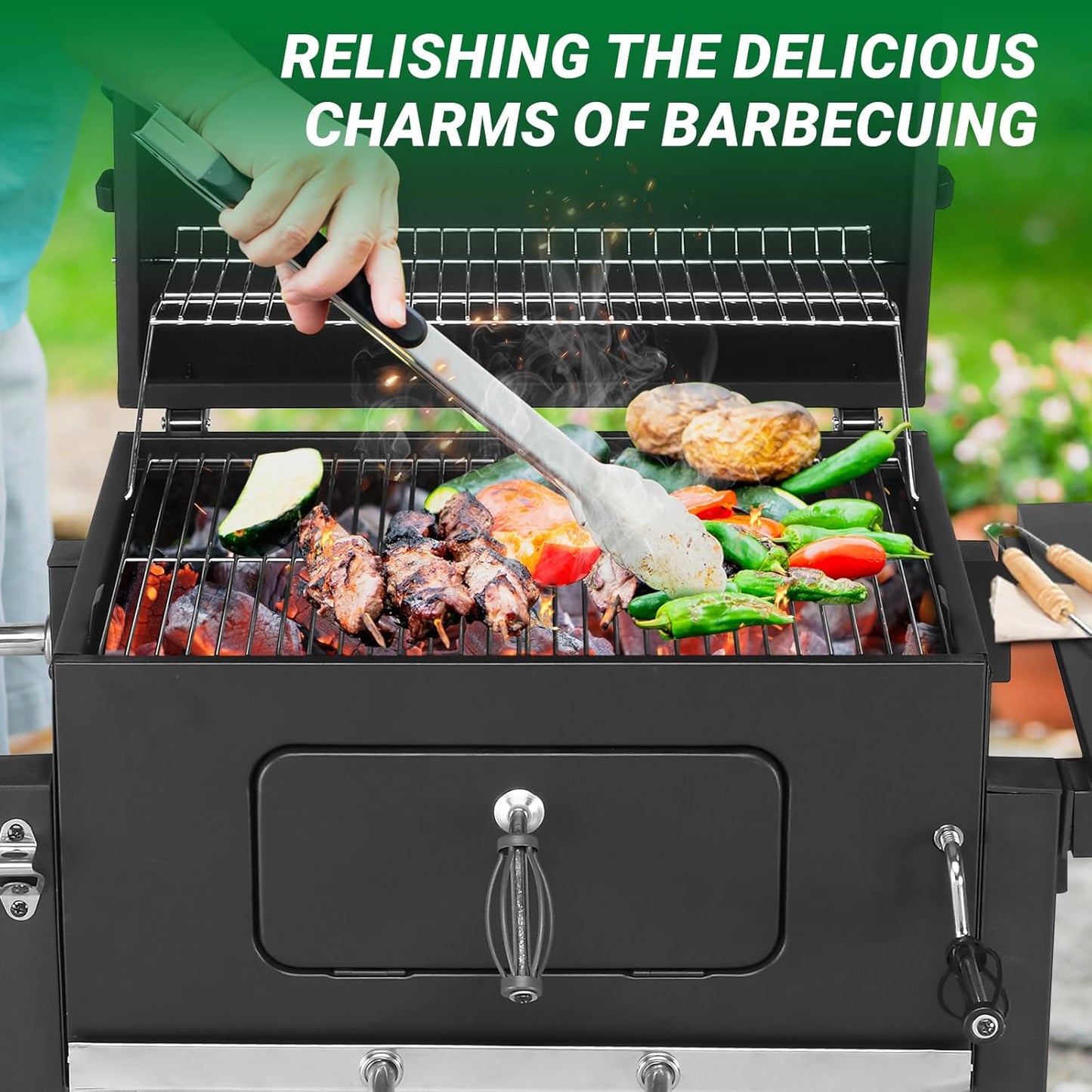 Outvita Large Barrel Charcoal BBQ Grills with 794 SQ.IN. Cooking Area, Outdoor Barbecue Grill with Adjustable Charcoal Tray & Foldable Side Table for Backyard Patio Picnic