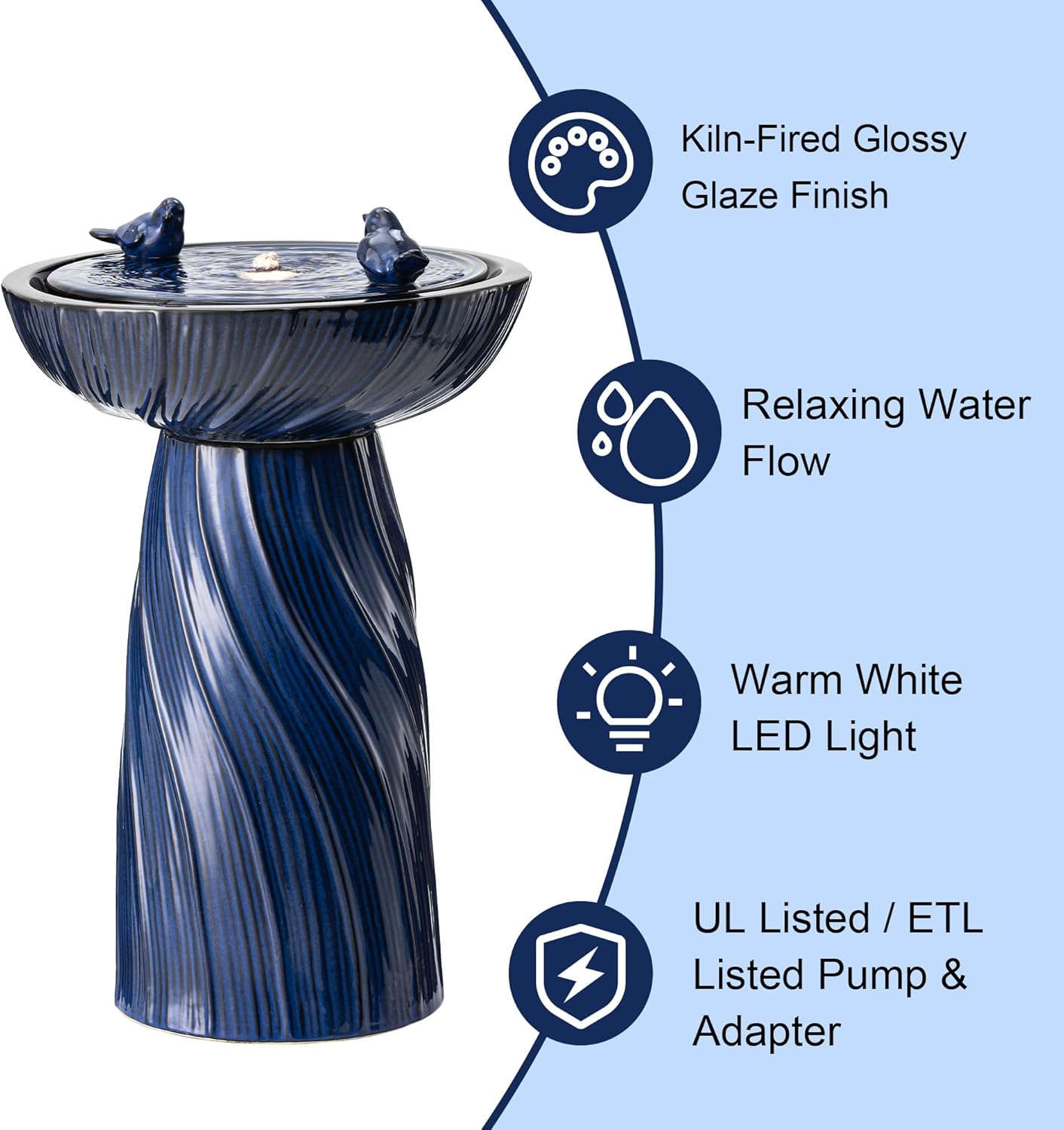 Glitzhome 24.75" H Outdoor Water Fountain with LED Light, Cobalt Blue Two Birds Twist Textured Floor-Standing Fountains, Ceramic Embossed Pattern Pedestal Water Fountain for Yard Patio Backyard