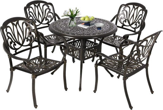 Cast Aluminum Outdoor Patio Dining Set, All Weather Outdoor Furniture Dining Set for Patio, Balcony, Lawn, Garden, Backyard (1 Round Table+4 Dining Chairs)