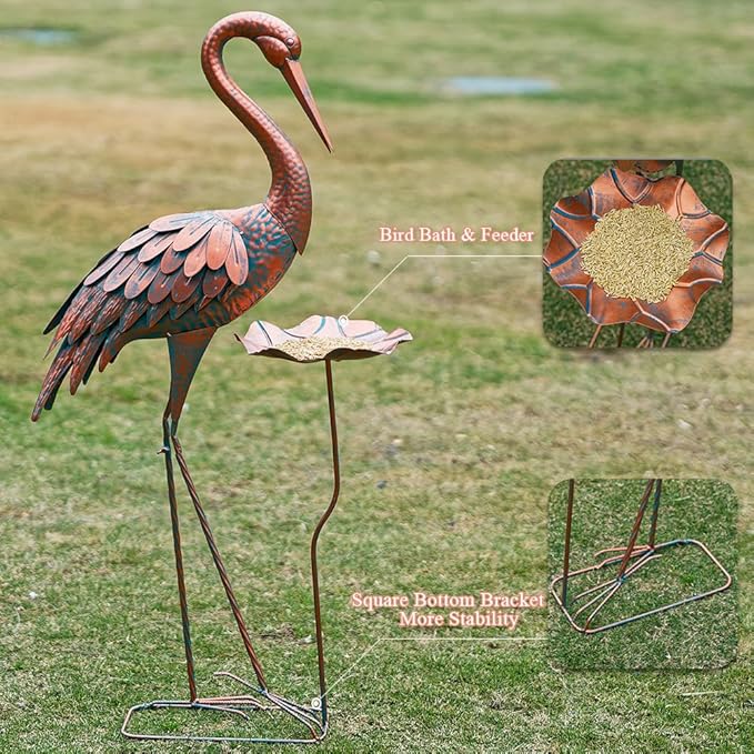 Crane Garden Statue, 42'' Heron Outdoor Statue with Birdbath, Large Crane Bird Metal Yard Art for Lawn Porch Backyard Patio Decor (Brown)