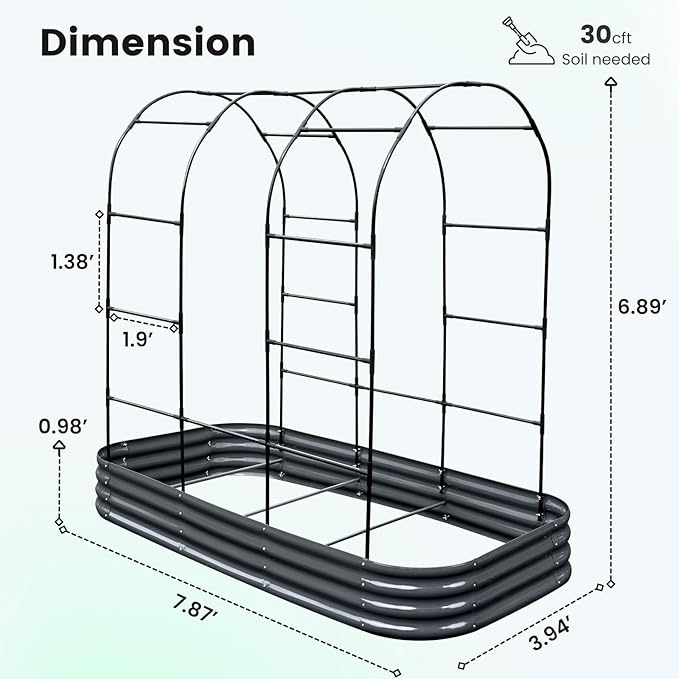 KING BIRD Raised Garden Bed with Arched Trellis Galvanized Planter Garden Box Outdoor for Gardening, Climbing Vegetables, Flowers 7.87x3.94x0.98 Ft, Dark Grey