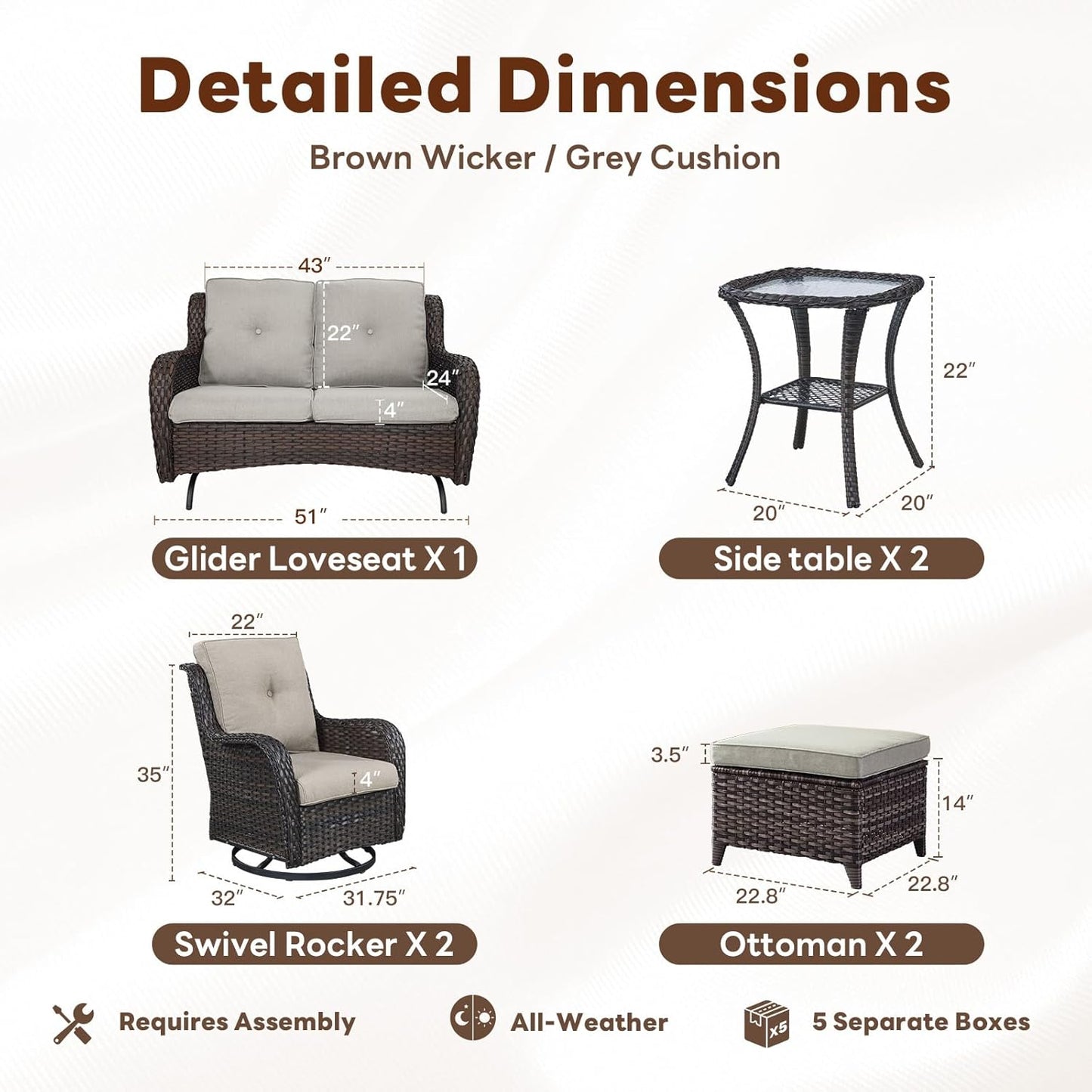 Outdoor Patio Furniture Set - 7 Piece Brown Wicker Conversation Patio Furniture Set All Weather Swivel Chairs with Ottoman and Loveseat Glider Chair for Deck Balcony Backyard