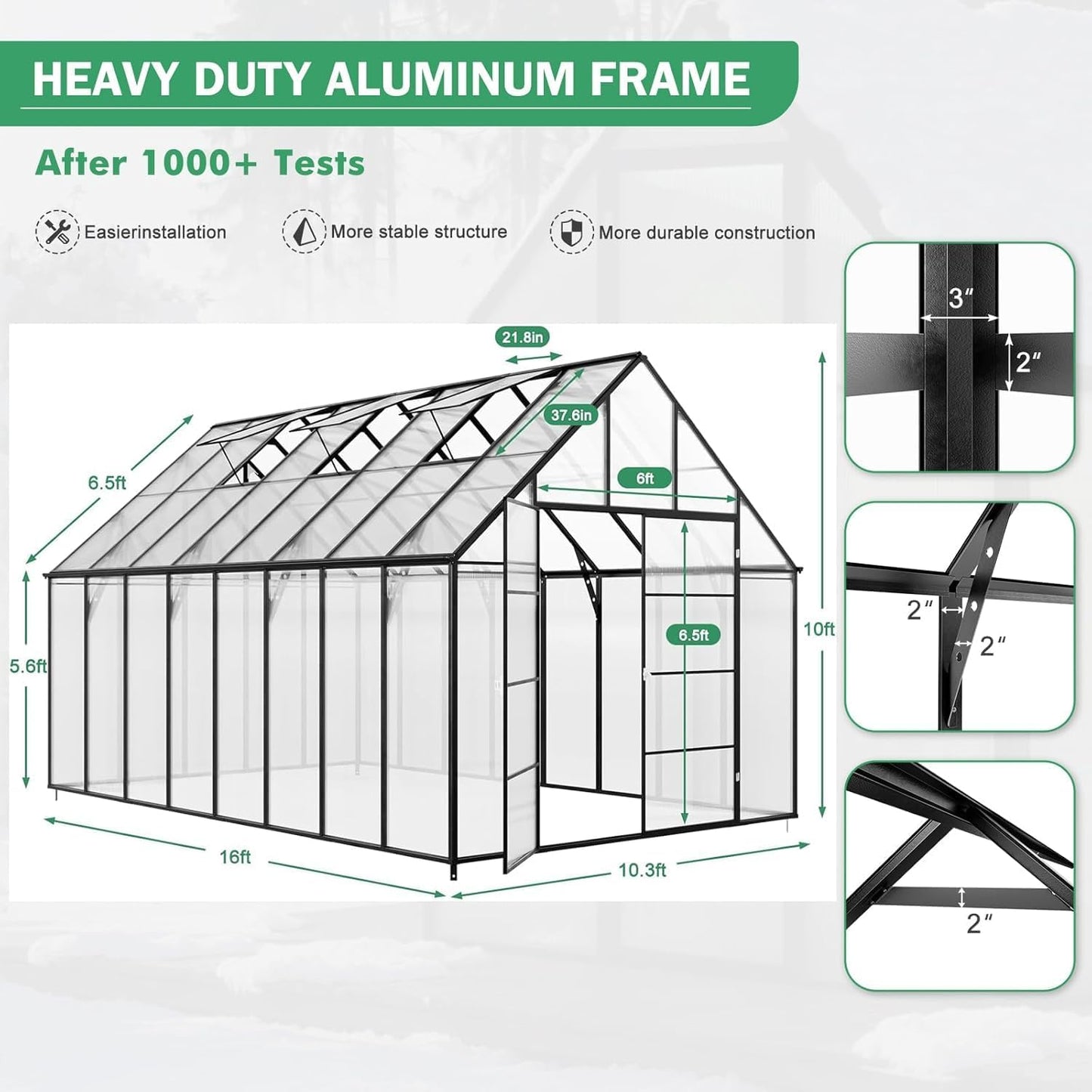 10x16 FT Greenhouse for Outdoor, Large Easy Assembly Heavy Duty Polycarbonate Panels Aluminum Frame Walk-in Green House with 3 Windows Wider Door for Garden Plants