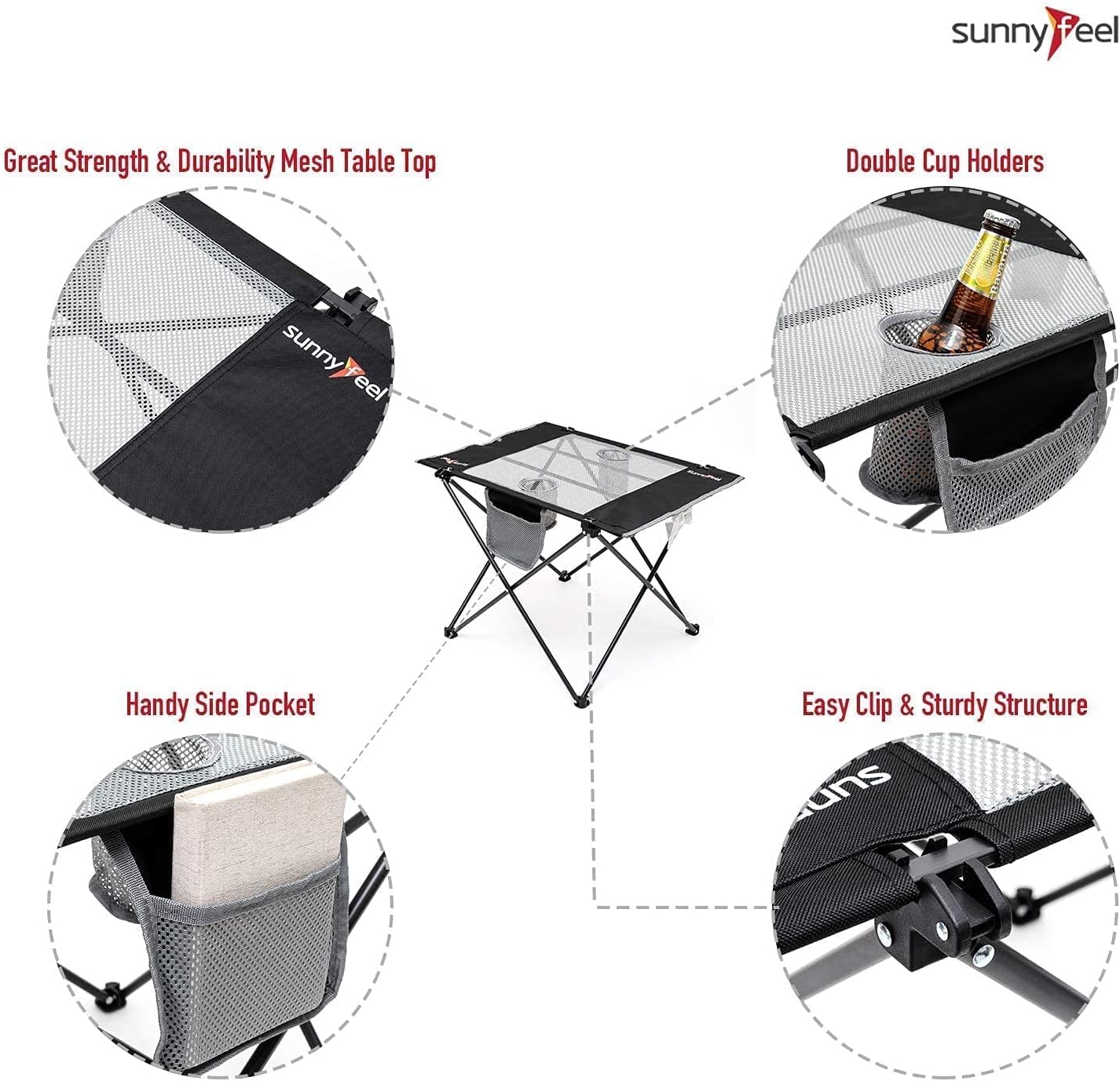 SUNNYFEEL Outdoor Folding Table | Lightweight Mesh Compact Camping Table, Roll Up Top 2 People Portable Camp Tables with Carry Bag for Picnic/Cooking/Beach/Travel/BBQ