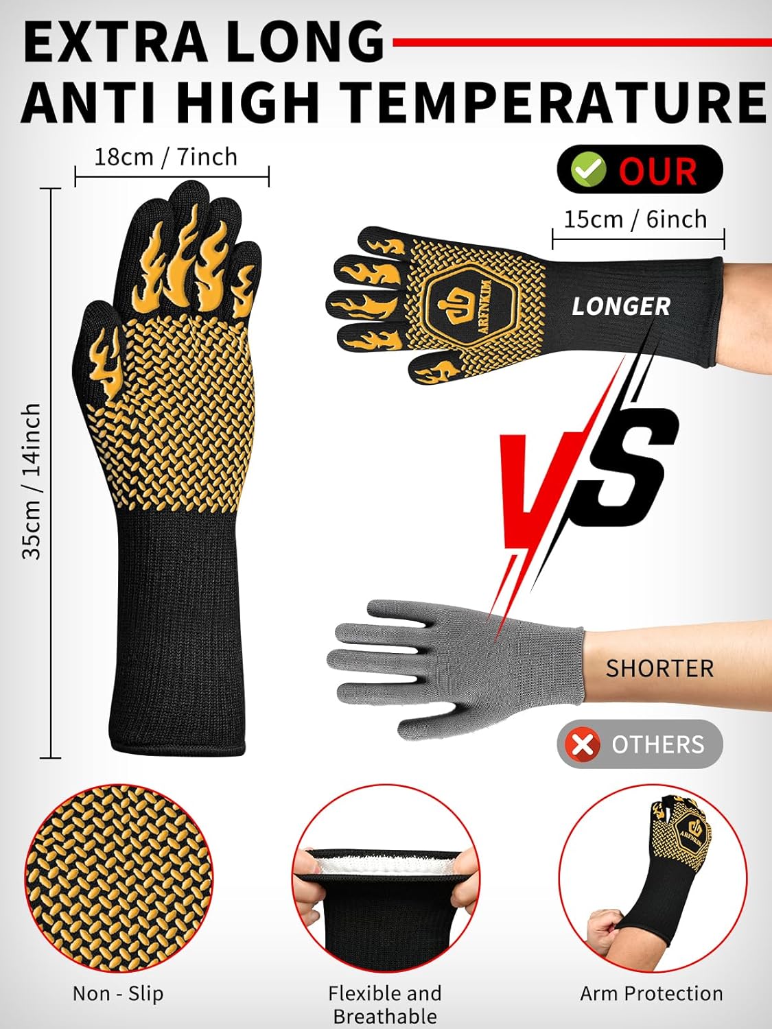 BBQ Oven Gloves, 1472℉ 3-Layers Heat Resistant Oven Mitts Silicone Non-Slip Cooking Gloves for Barbecue, Grilling, Baking, Welding, Smoker (A Pair) (Yellow)