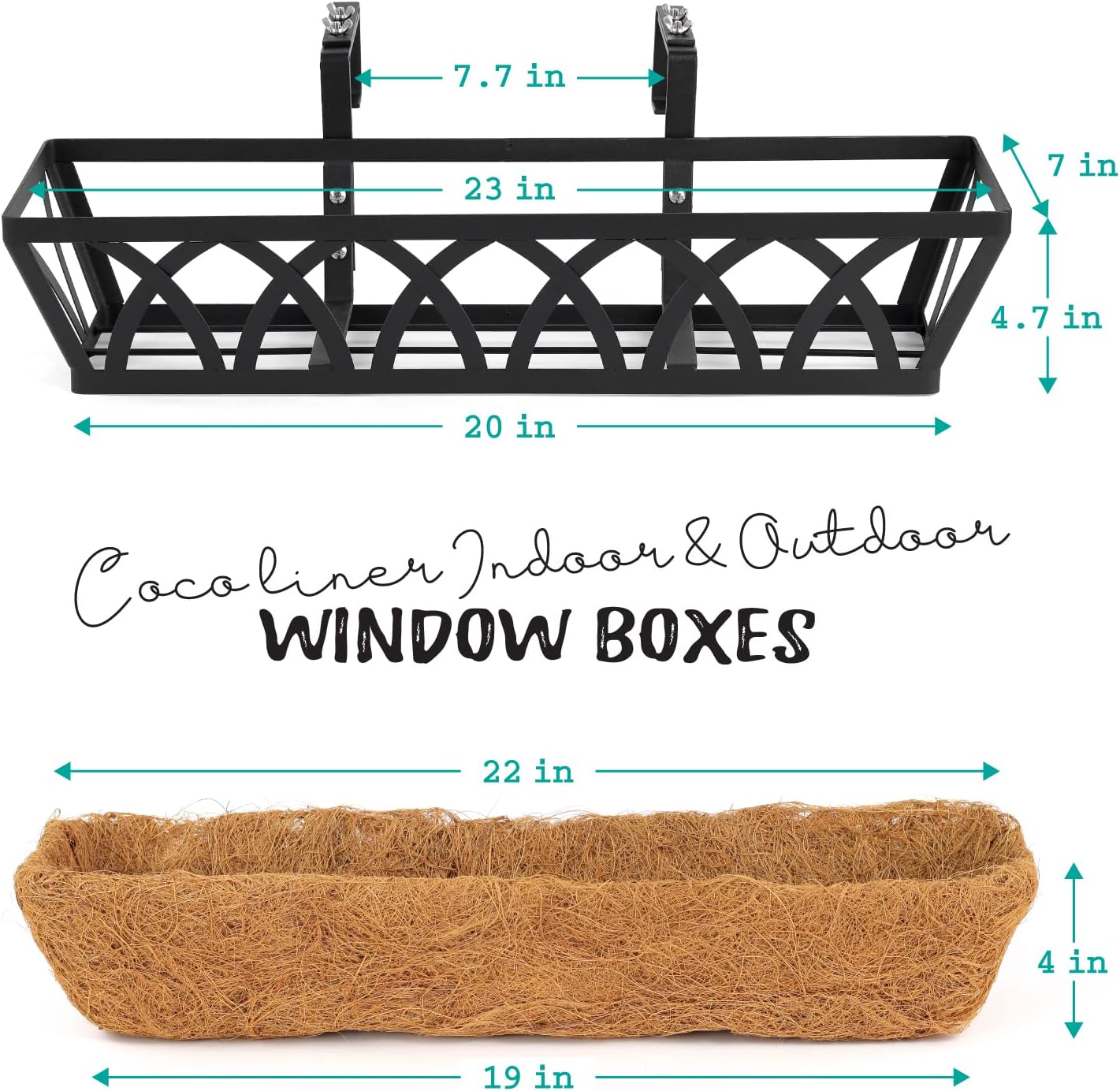 Window Box Railing, 24 Inch Black Metal Hanging Flower Planter Basket with Coco Liner for Outdoor Balcony Porch Fence Patio for Home, Office and Hotel (Black - 4 Pcs/Set)