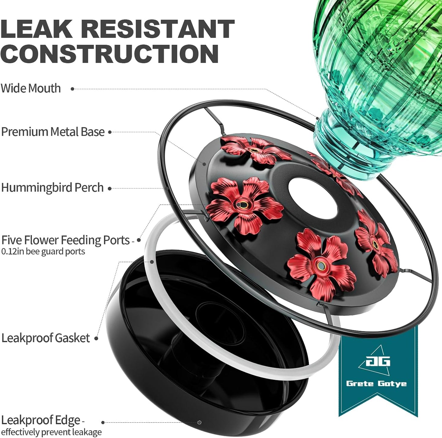 2 Pack Glass Hummingbird Feeder for Outdoors Hanging, Bird Nectar Feeder with Perch & 5 Flower Feeding Ports, 26 Oz Leak Proof for Outside Garden Decor Backyard, Gifts for Women Mom, Red & Green Blue