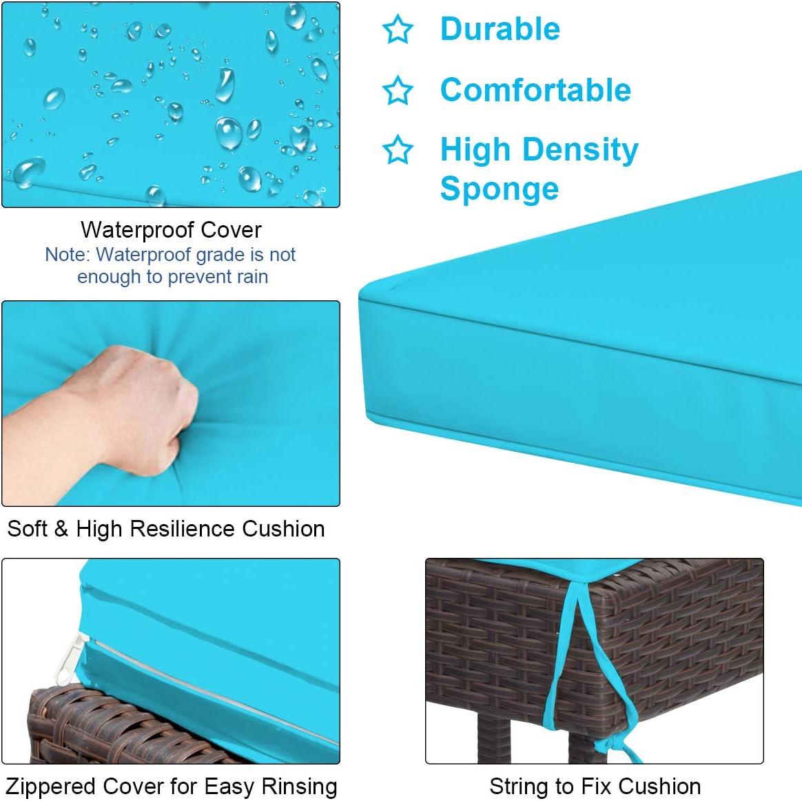 Tangkula Patio Bar Set, 3 Piece Outdoor Rattan Wicker Bar Set with 2 Cushions Stools & Glass Top Table, Outdoor Furniture Set for Patios Backyards Porches Gardens Poolside (Turquoise)