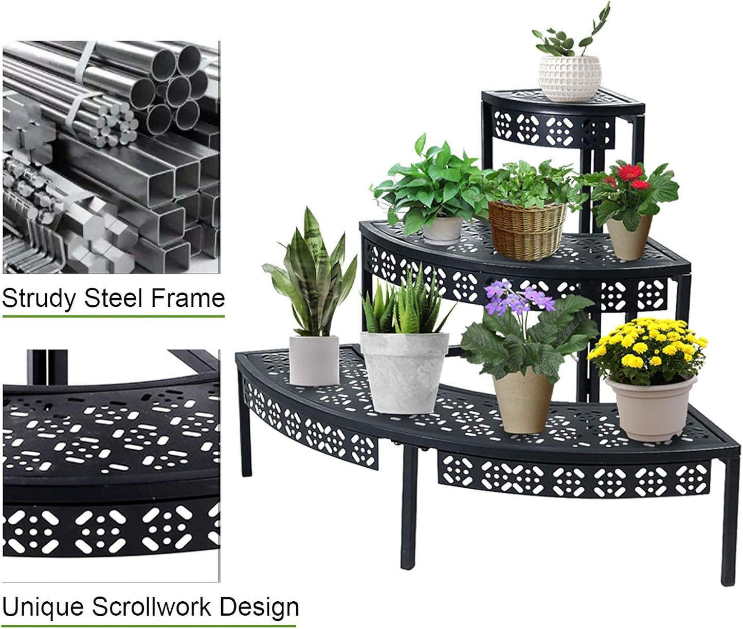 3 Tier Plant Stand Semi-Circular Flower Pot Organizer Rack Quarter Round Plant Display Holder Outdoor Storage Shelves Metal Corner Shelf Planter Shelving Ladder Plant Stand for Indoor Use(Black)