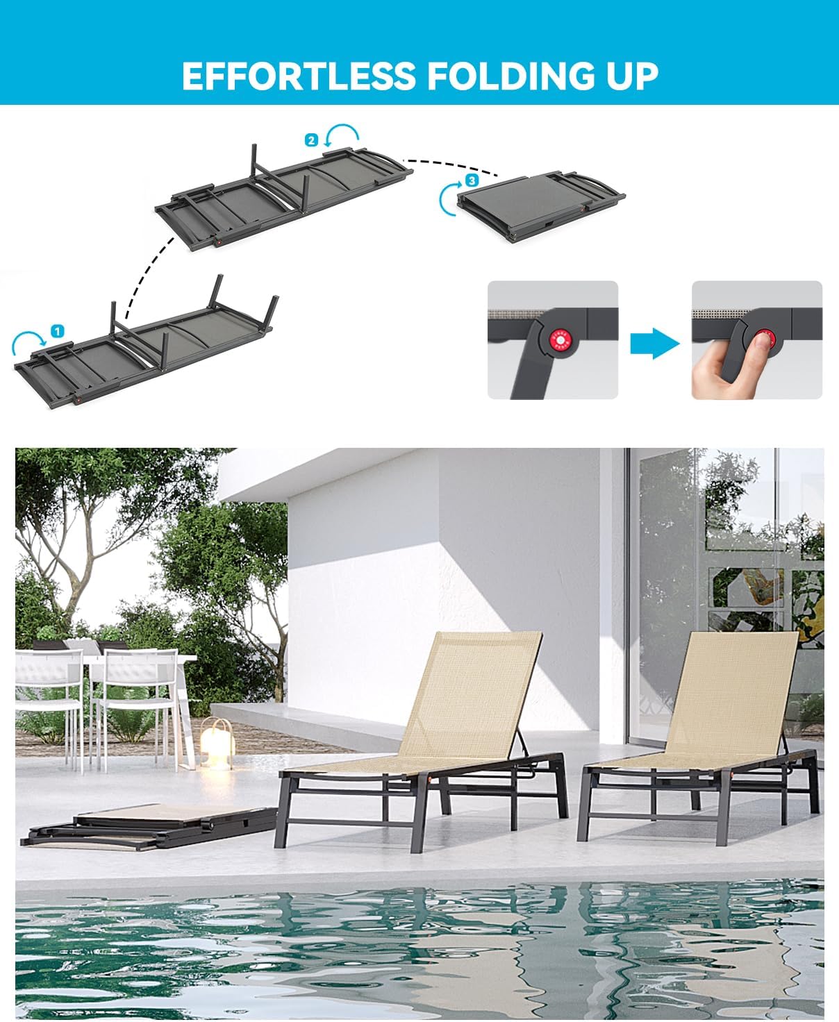 Aluminum Chaise Lounge Chair Outdoor, Foldable Patio Lounge Chair 2 Sets Assemble-Free, Pool Lounge Chairs with 5 Adjustable Backrest, Outdoor Lounge Chairs for Outside Poolside Beach Lawn Flaxen