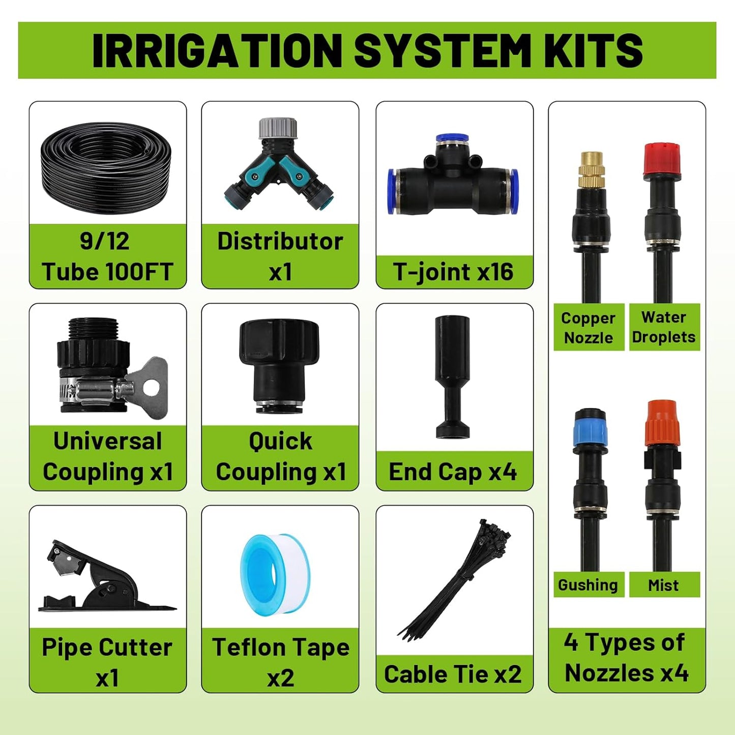 Drip Irrigation Kit - 100 FT. Hose Sprinkler System with 360° nozzles and T-connectors for Gardens, lawns, Plants, Flower beds, Trees, patios and hydroponics (16 360° nozzles + 16 T-connectors)