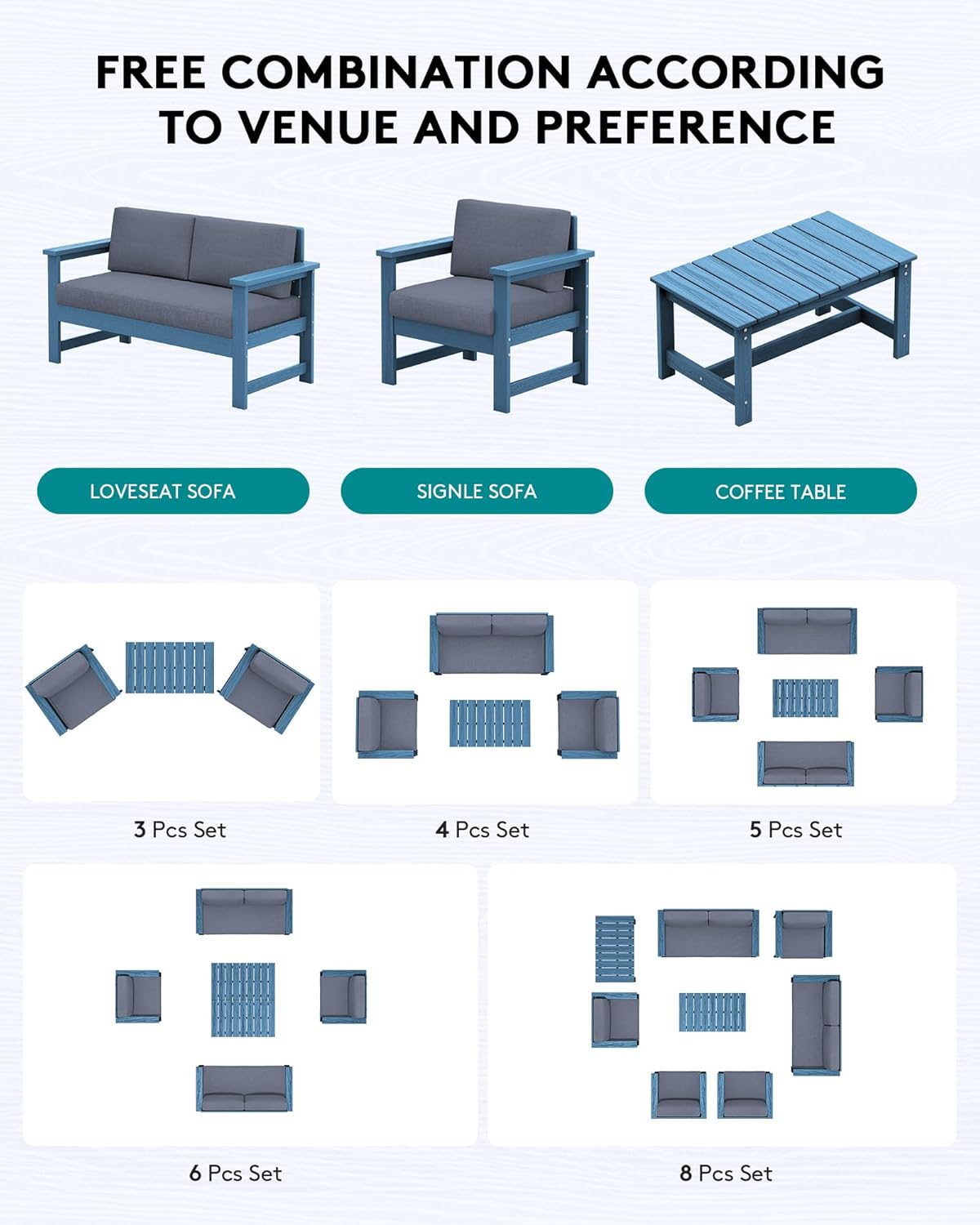 SERWALL 4 Pieces HDPE Outdoor Sofa Set with Cushion, All Weather Use Conversation Couch Set, Outdoor Loveseat Social Furniture with Coffee Table and Cushions, Blue Frame with Grey Cushions