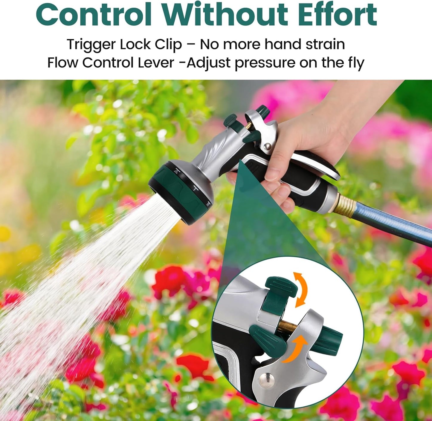 Garden Hose Nozzle, Heavy Duty Metal Water Hose Sprayer Nozzle with 8 Spray Patterns, High Pressure Handheld Nozzle with Flow Control for Lawn & Plant Watering, Car Washing – Forest Green