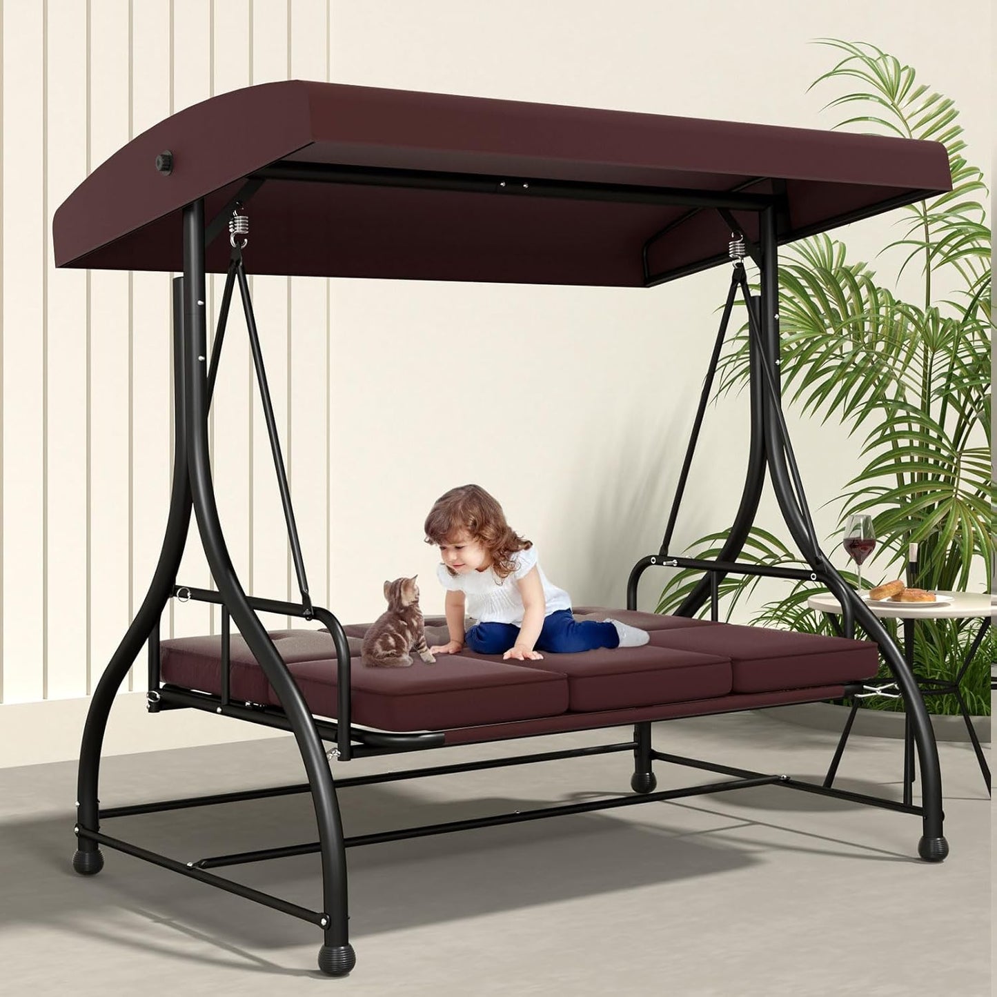 3-Seat Outdoor Patio Swing Glider - Heavy Duty Steel Frame with Adjustable Canopy & Removable Cushions - All Weather Porch Swings Chair for Backyard, Garden, Poolside - Brown