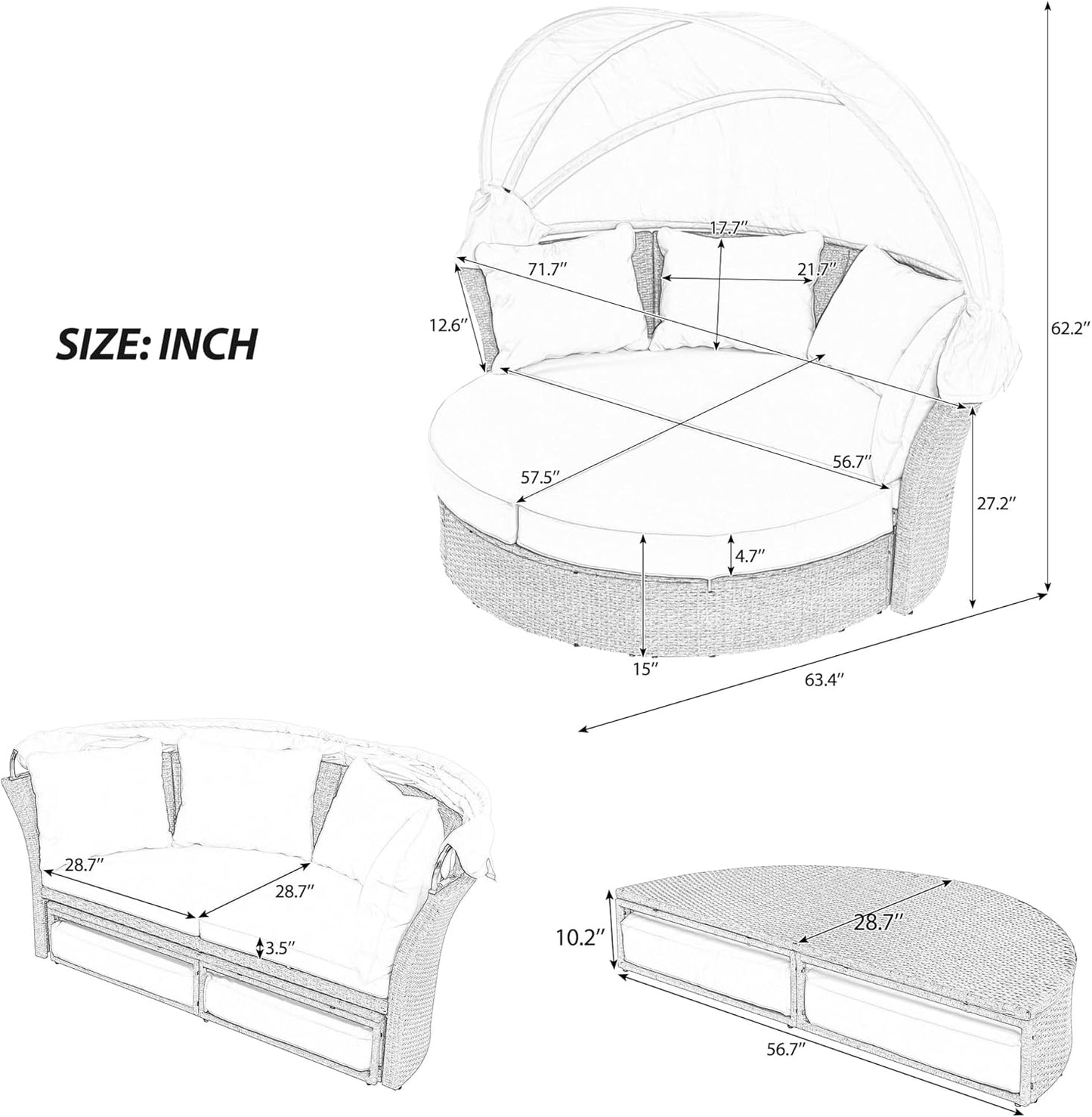 kevinplus Round Outdoor Daybed Patio Sunbed, Convertible Wicker Rattan Outdoor Daybed Sunbed with Retractable Canopy for Garden Backyard Porch Poolside, Beige