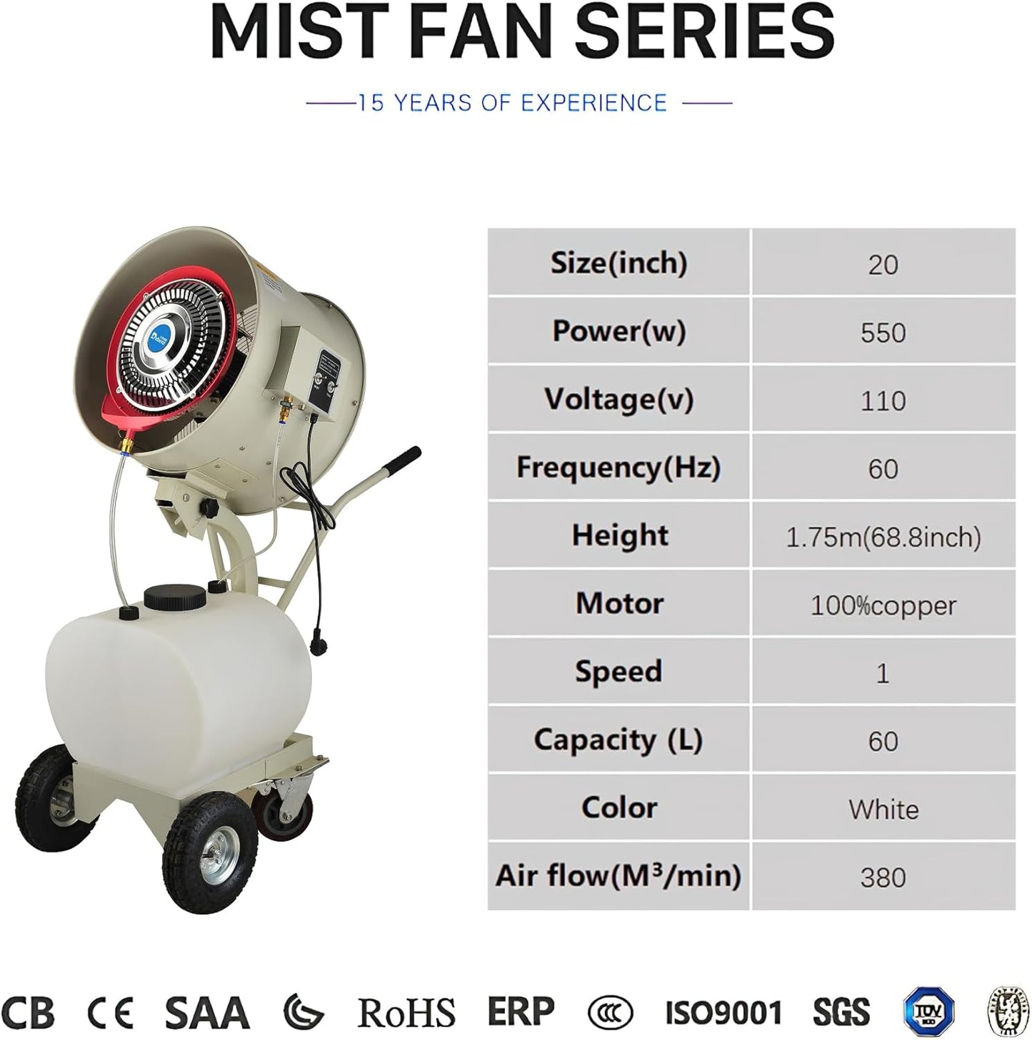 "Commercial Outdoor Mist Cooling Fan - Ideal for Stores, Carnivals, Stadiums, Yards - 55L Water Tank, 12-Hour Continuous Operation, Connects to Water Supply, Cools 1400 sq ft" (110V-550W-20inch)