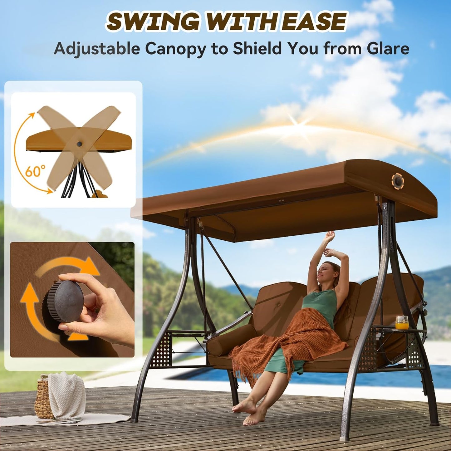 3 in 1 Outdoor Porch Swing with Adjustable Canopy, 3 Seat Outdoor Swing for Adults, Patio Swing Chair with Thickened Cushions,Pillows & Cup Holders for Backyard, Porch, Garden (Brown)