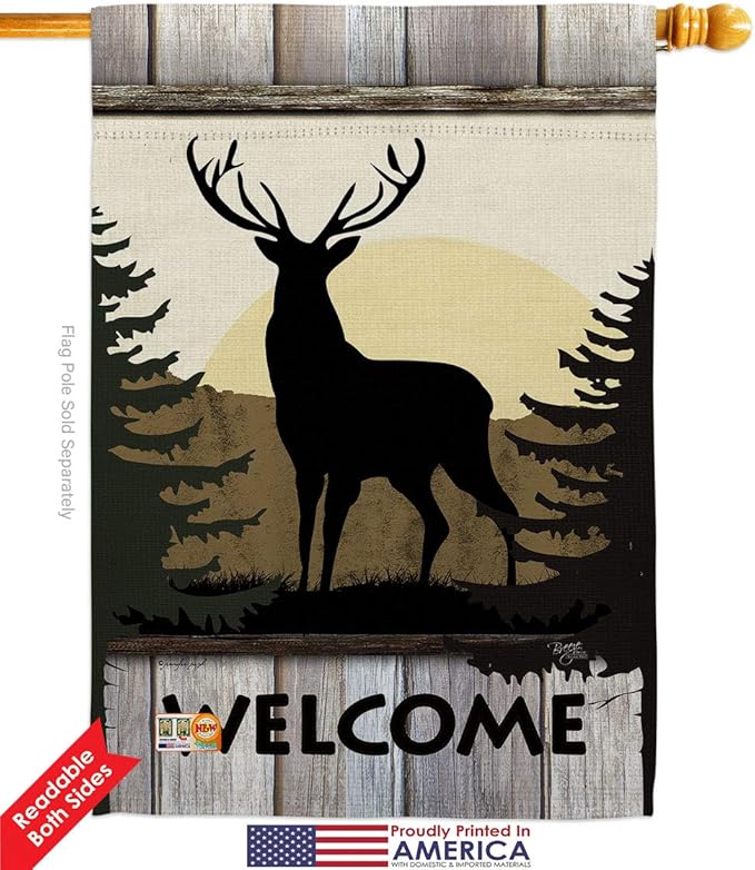 Welcome Deer House Flag Dowel Set Animals Wildlife Outdoor Bear Wolf Pet Nature Farm Animal Creature Small Decorative Gift Yard Banner Double-Sided Made In USA 28 X 40