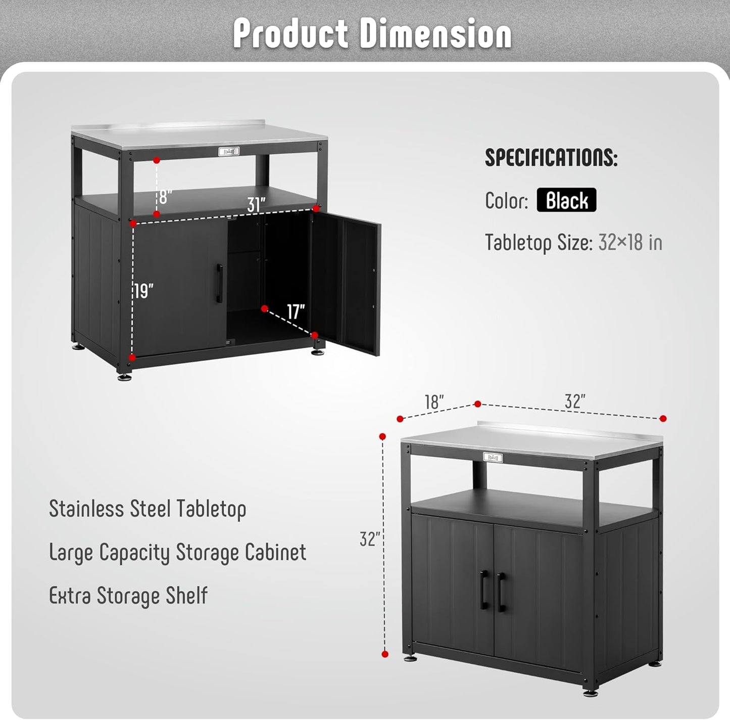 Garden Potting Bench with Storage Cabinet,Outdoor Gardening Table & Work Bench for Plants, Horticulture,Outdoor Workstation with Stainless Steel Tabletop,Outdoor Work Table