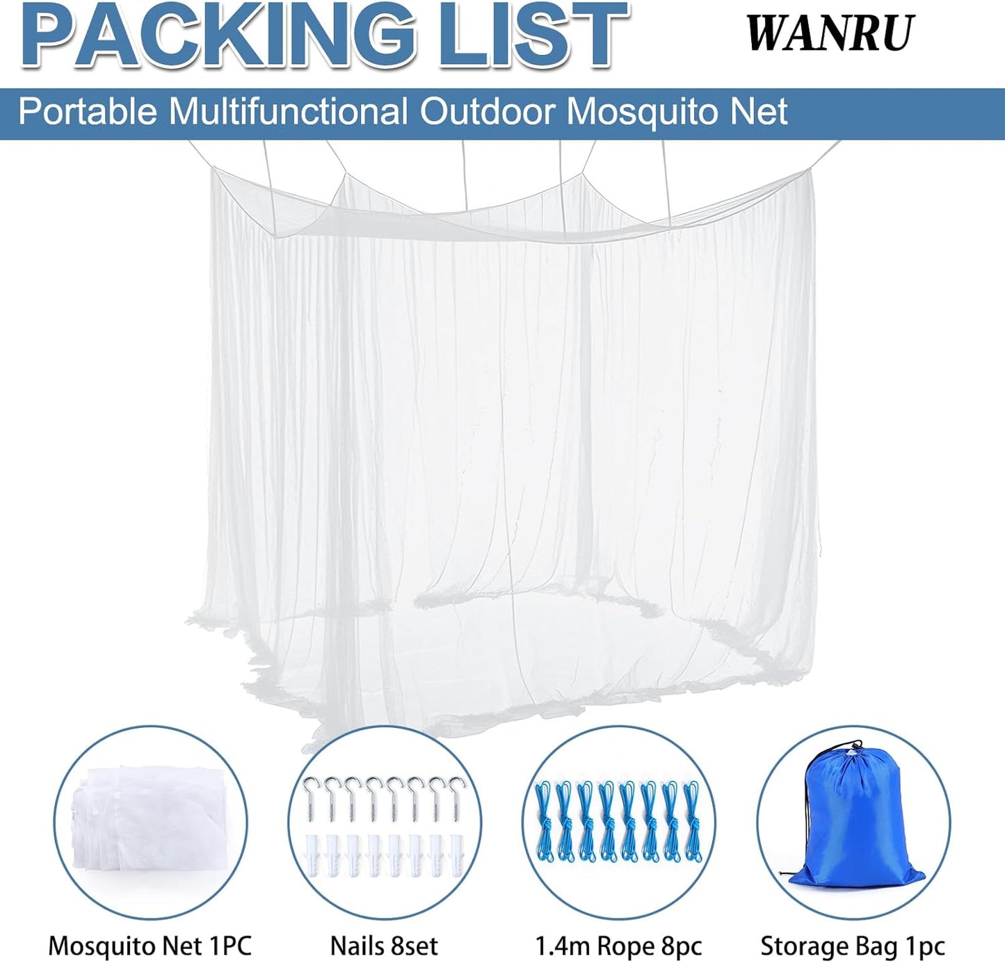 Mosquito Netting for Patio - Extra-Large Mosquito Net for Bed Camping Hammock Porch Garden Outdoor, 2 Openings Design with 1 Storage Bag, 8 Pegs, 8 Stoppers and 8 Pieces of 1.4m Rope
