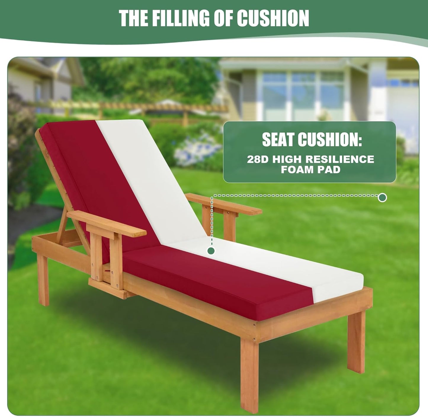 Chaise Lounge Cushions Outdoor Set of 2 - Waterproof and Fade Resistant Sun Lounger Replacement Cushions - Patio Lounger Pads with Removable Cover for Pool, Deck, Lawn, 72 x 21 x 3 Inch, Red