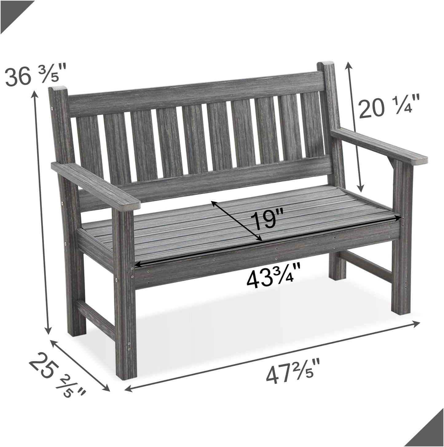 Outdoor Bench, 2-Person Garden Bench, Poly Lumber Patio Bench for Outdoors, Porch, and Park (Grey)